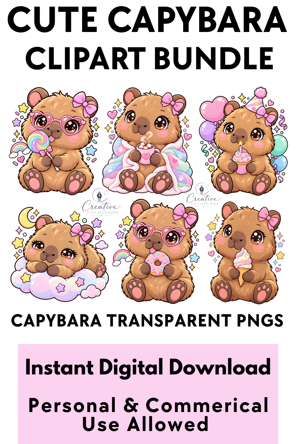 Kawaii Capybara Clipart Bundle: Cute Pastel PNG Designs for Print on Demand, Stickers & Digital Products