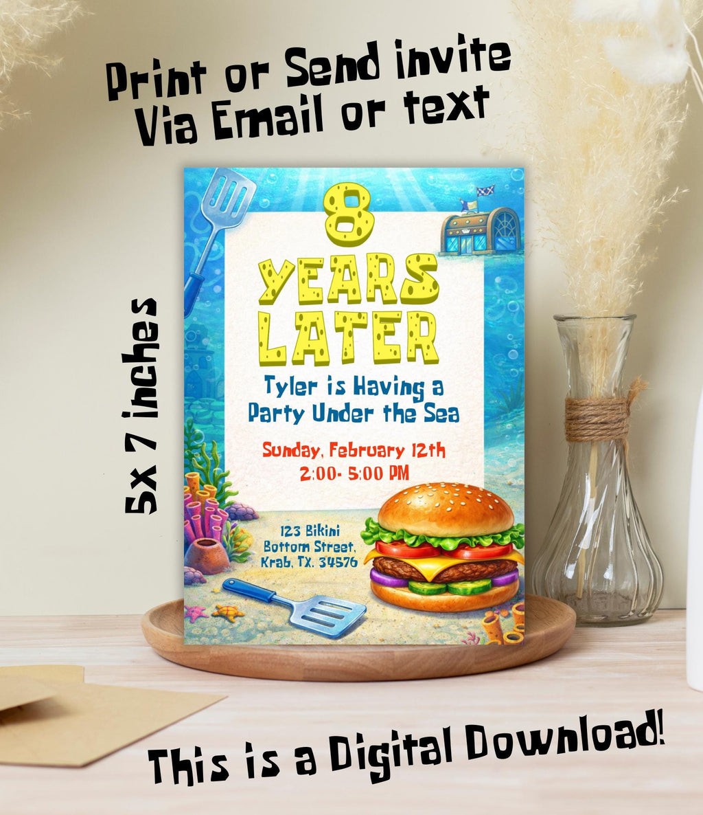 Personalized SpongeBob  Birthday Invitation | Animated Birthday Invitation Ocean Party Template | Cartoon Party Invitation