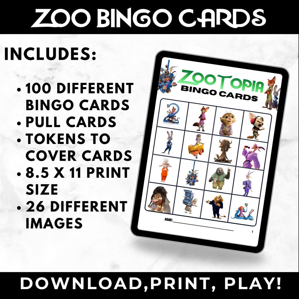 ZooTopia Movie Bingo Cards | Family Movie Night Game