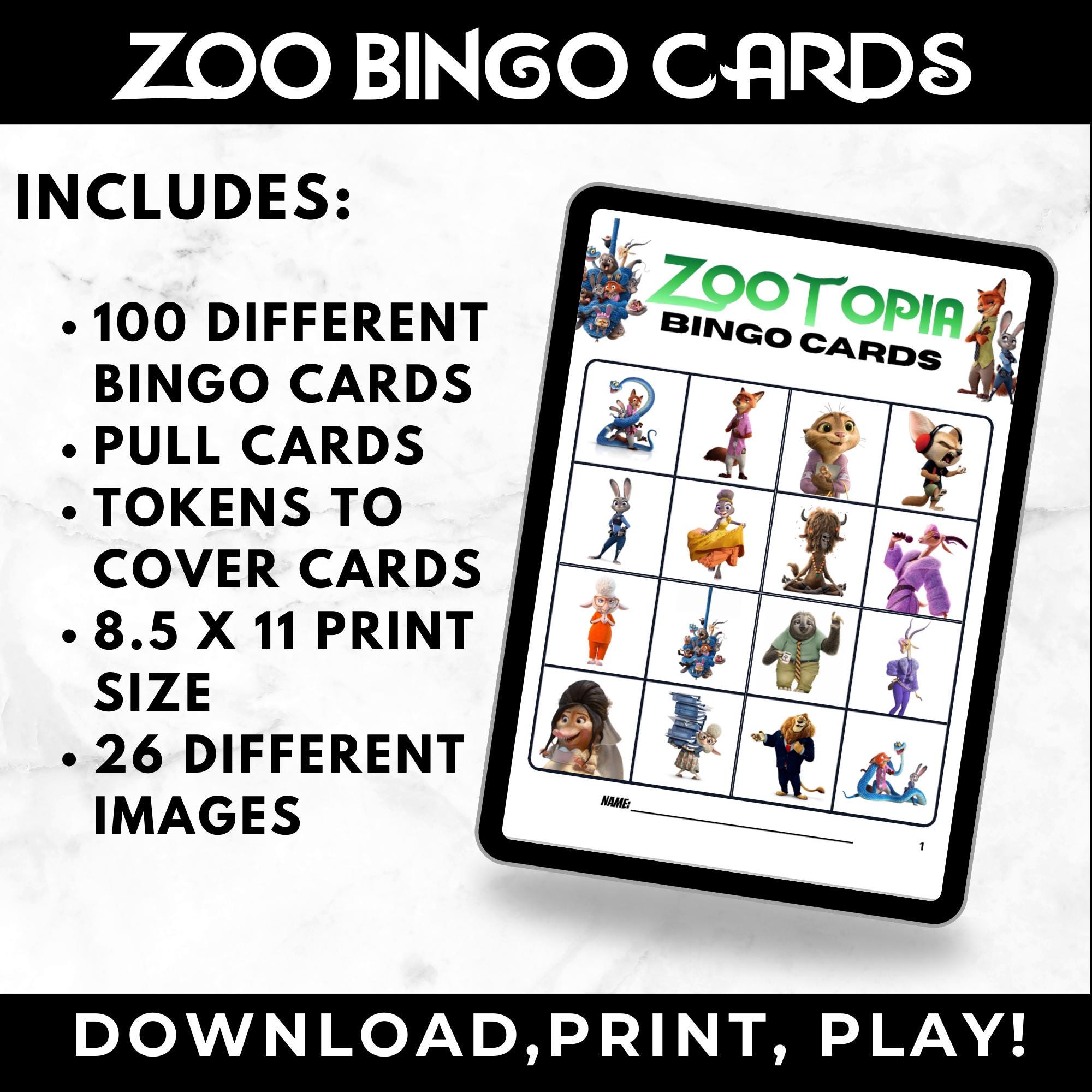 ZooTopia Movie Bingo Cards | Family Movie Night Game
