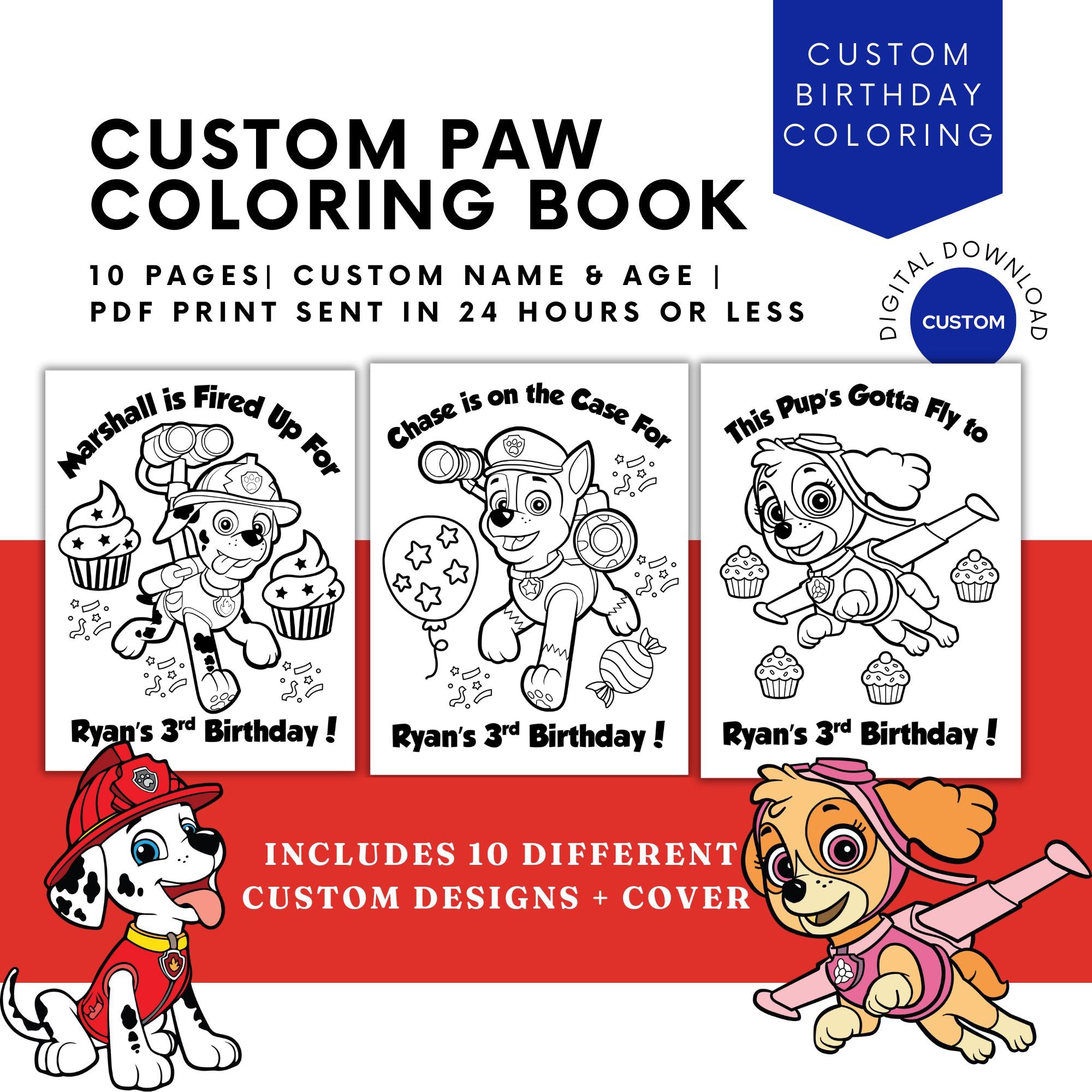 Personalized Paw Dogs Birthday Coloring Book | Printable Paw Birthday Coloring Pages | Paw Party Favors | Done for You Paw Birthday Coloring
