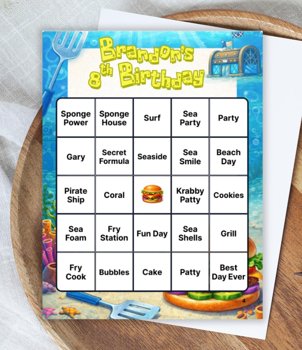 Personalized Sponge Under the Sea Birthday Bingo Game | Sponge Birthday Party |Ocean Party Game | Custom Birthday Bingo Cards