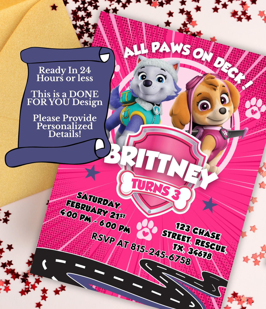 Girls Paw Patrol  Birthday Invitation | Printable Paw Birthday Invite | Girl Paw Birthday Party | Done for You Kids Birthday Invitation