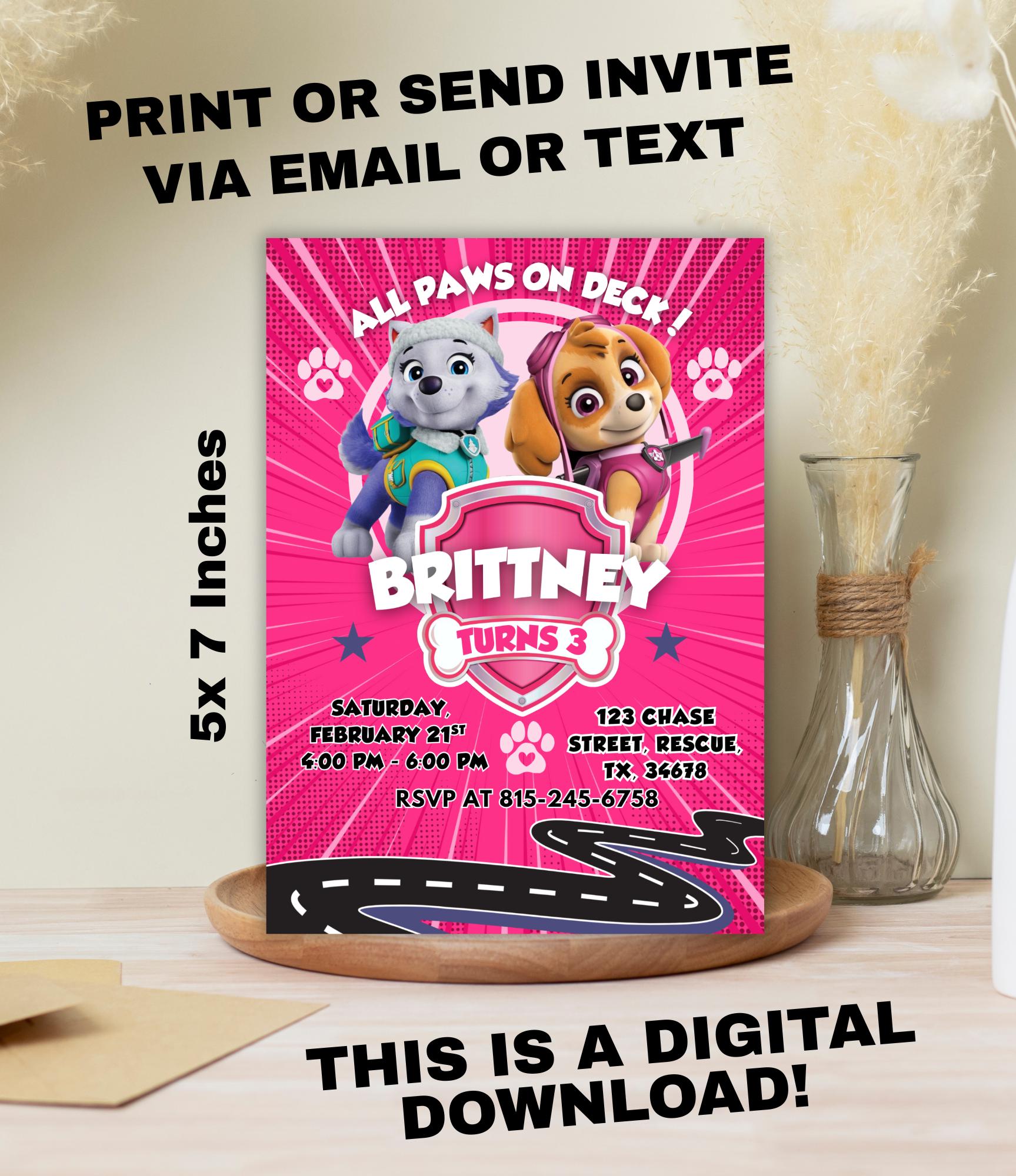 Girls Paw Patrol  Birthday Invitation | Printable Paw Birthday Invite | Girl Paw Birthday Party | Done for You Kids Birthday Invitation