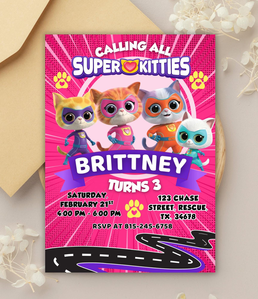 Super Kitty Birthday Invitation for Kids | Kitty Themed Birthday Invite | Done for Kids Birthday Invitation | Kitty Party for Girls