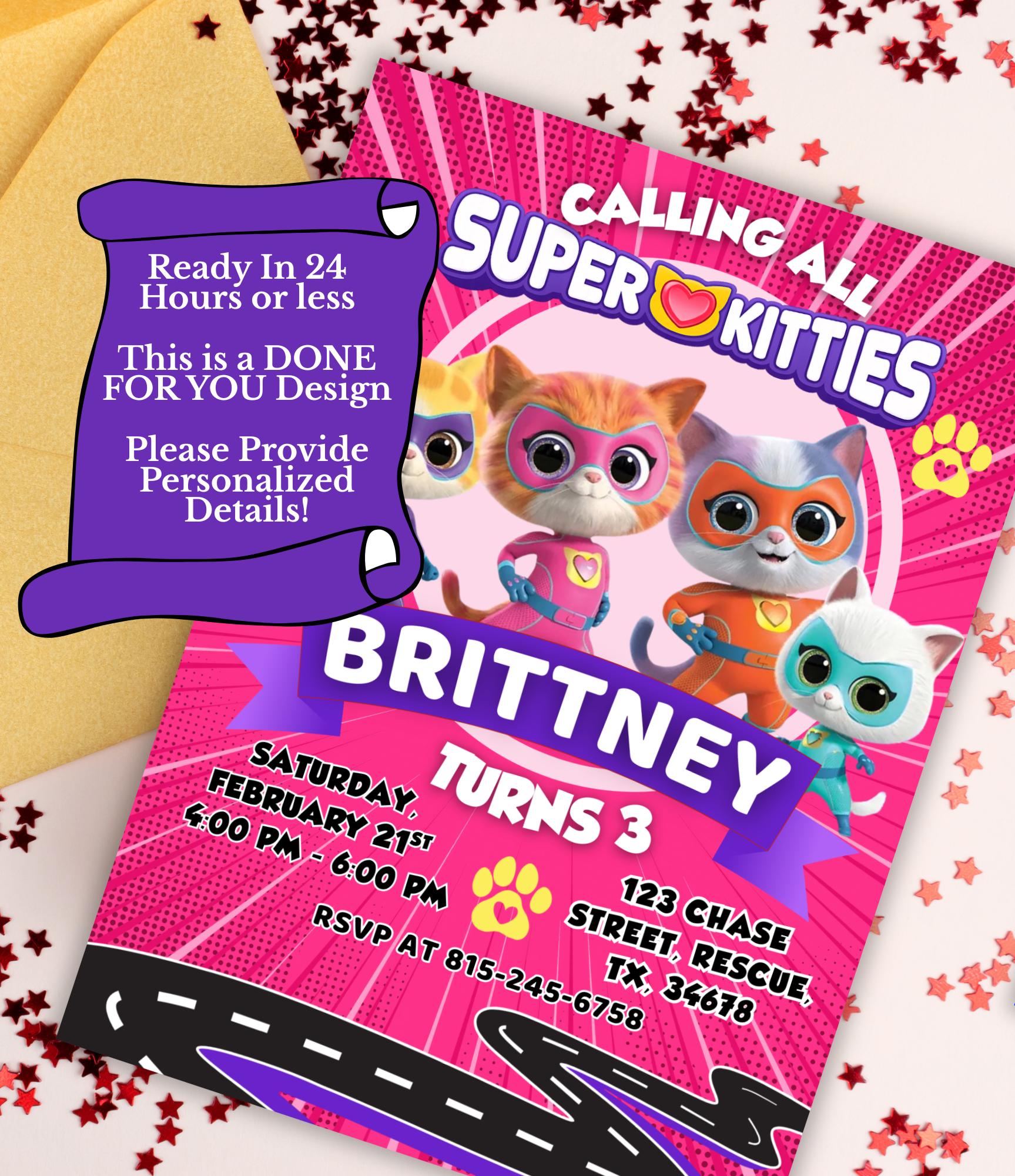 Super Kitty Birthday Invitation for Kids | Kitty Themed Birthday Invite | Done for Kids Birthday Invitation | Kitty Party for Girls