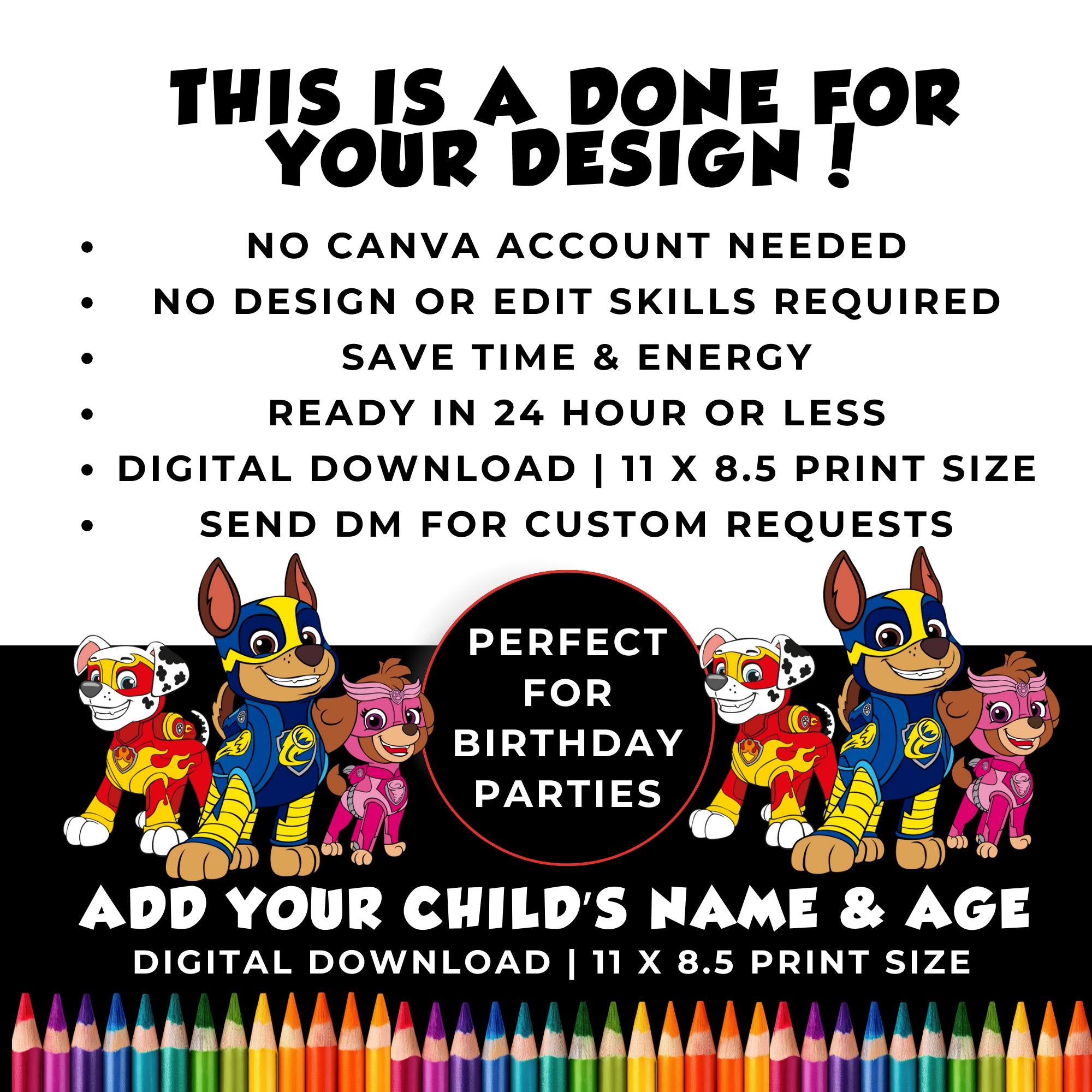 Personalized Skye Birthday Coloring | Skye Birthday Party Coloring Placemat | Paw Party Favors | Done for You Paw Birthday Coloring