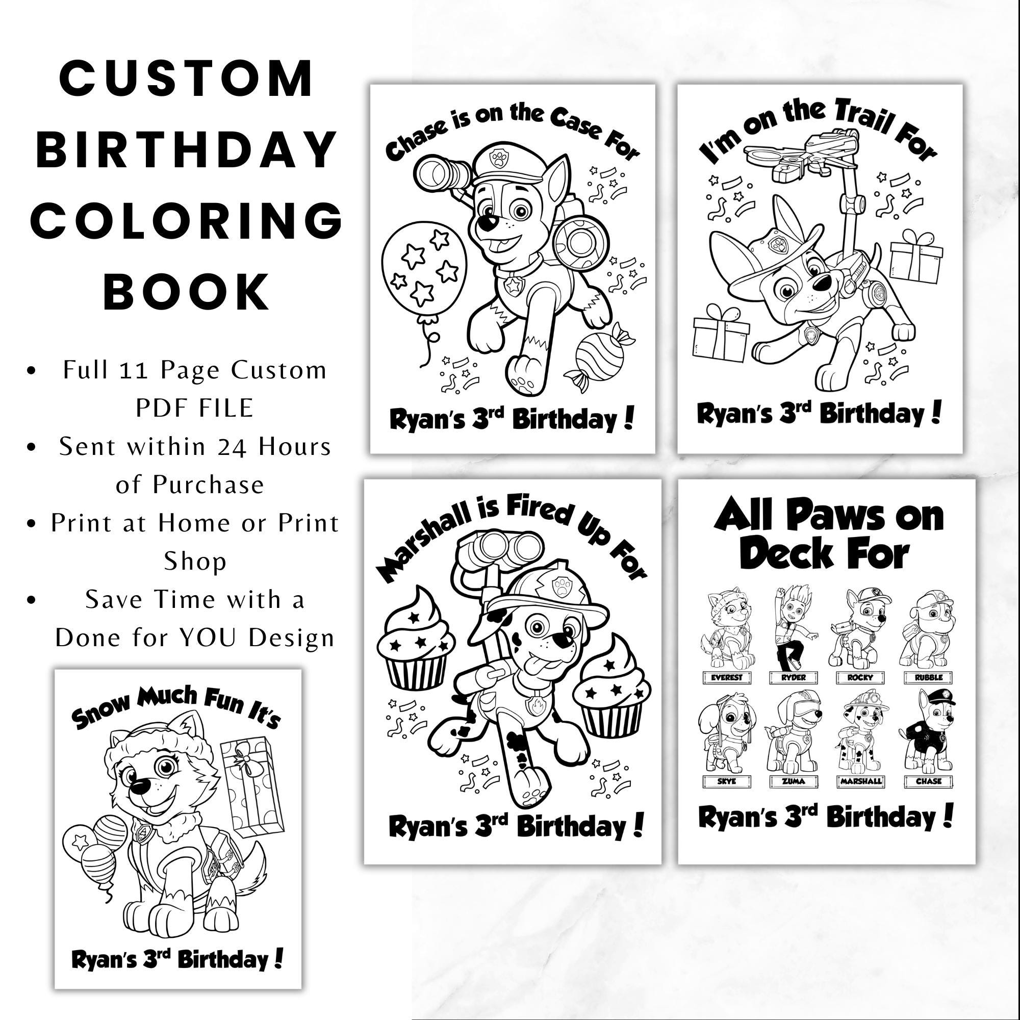 Personalized Paw Dogs Birthday Coloring Book | Printable Paw Birthday Coloring Pages | Paw Party Favors | Done for You Paw Birthday Coloring