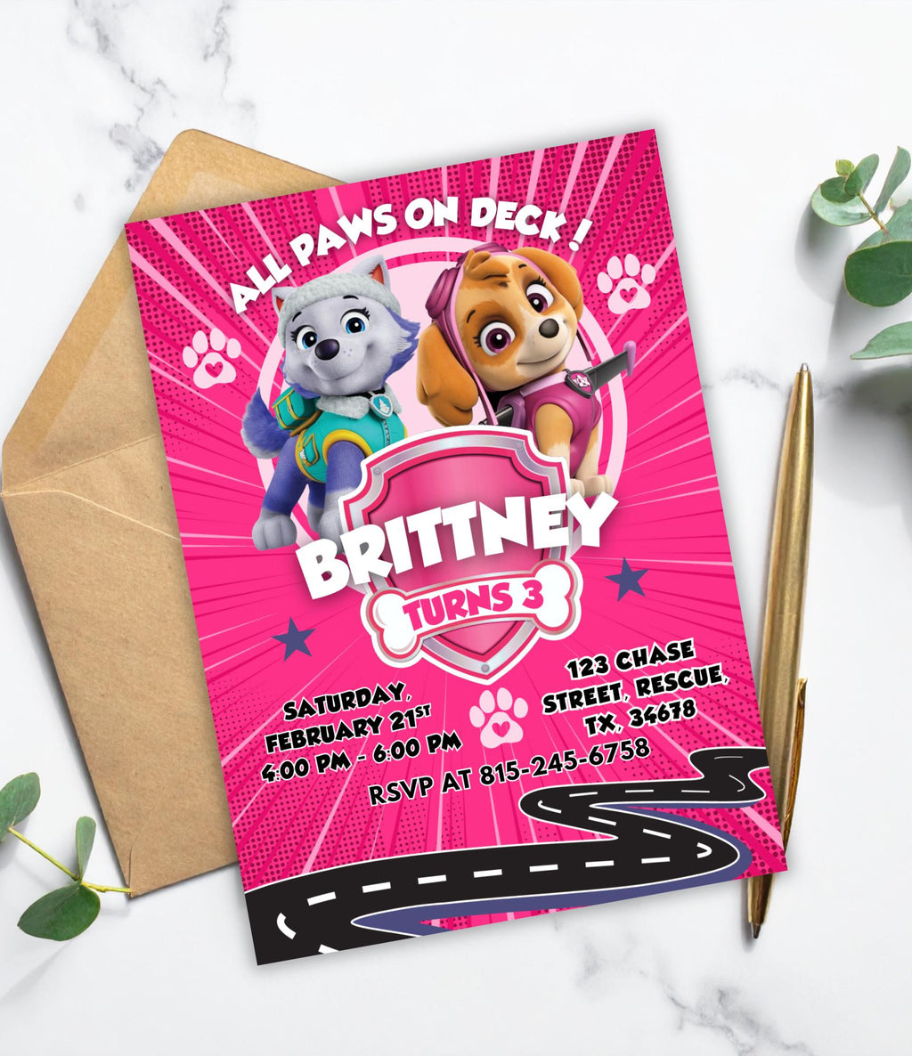 Girls Paw Patrol  Birthday Invitation | Printable Paw Birthday Invite | Girl Paw Birthday Party | Done for You Kids Birthday Invitation