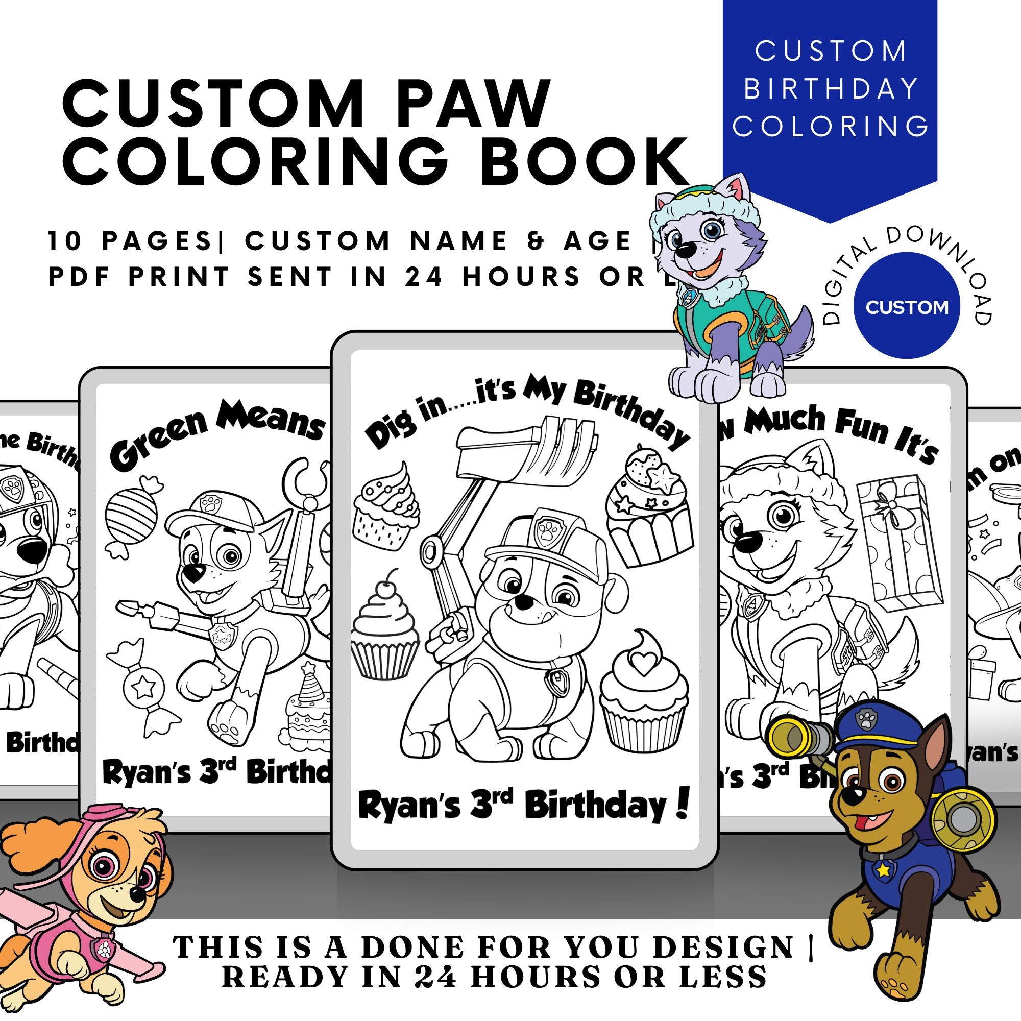 Personalized Paw Dogs Birthday Coloring Book | Printable Paw Birthday Coloring Pages | Paw Party Favors | Done for You Paw Birthday Coloring