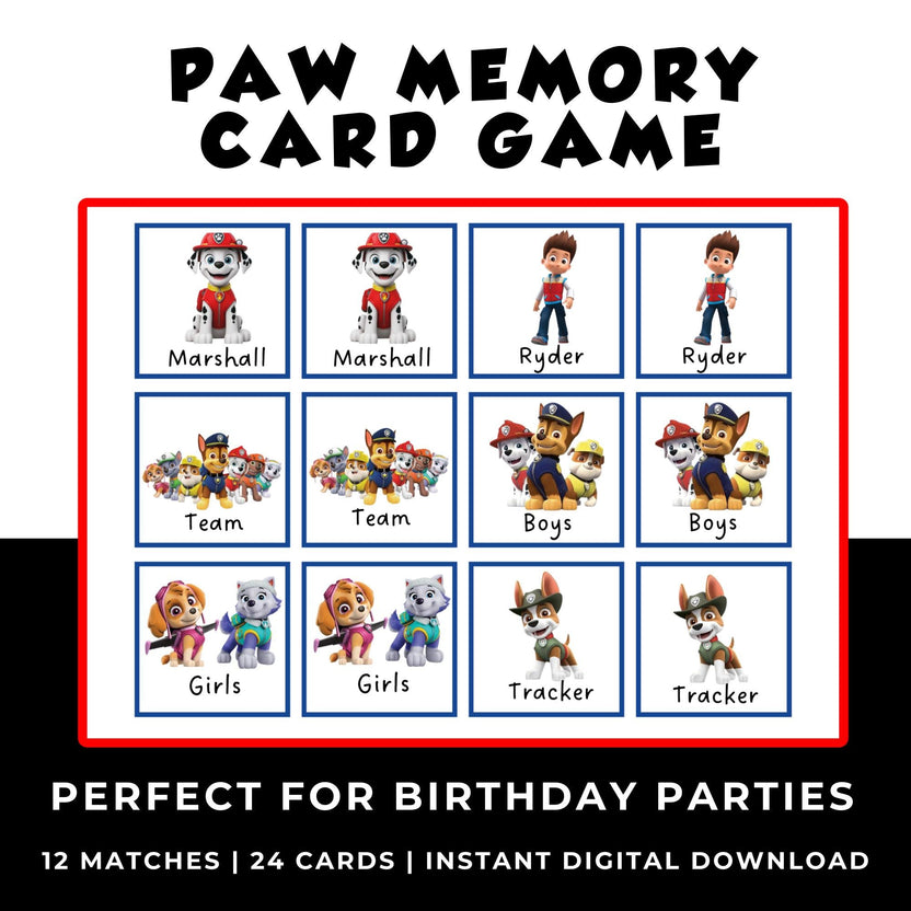 Paw Patrol Memory Match Printable Kids Party Game