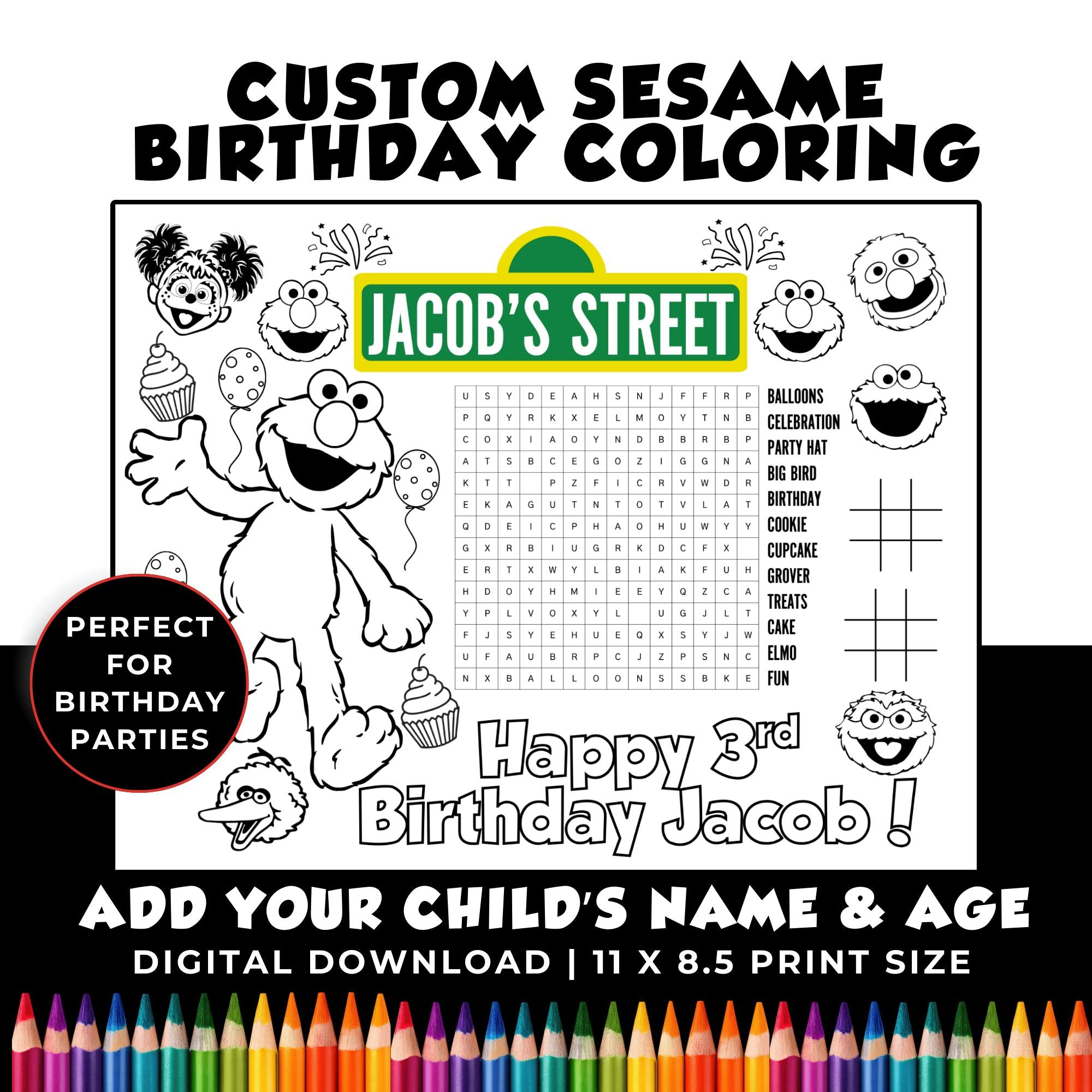 Custom Elmo Birthday Coloring  | Sesame Birthday Party Activity | Sesame Party Favors | Printable Elmo & Friends Birthday Placemat