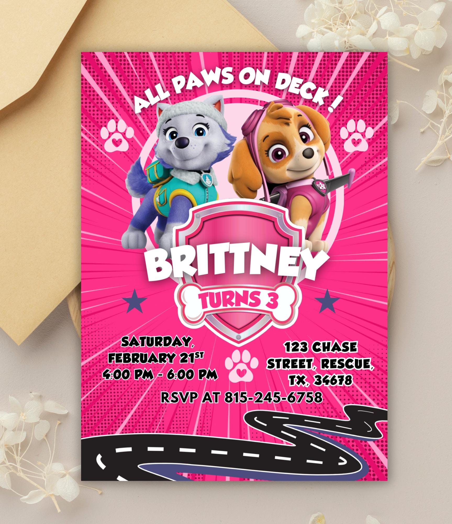 Girls Paw Patrol  Birthday Invitation | Printable Paw Birthday Invite | Girl Paw Birthday Party | Done for You Kids Birthday Invitation