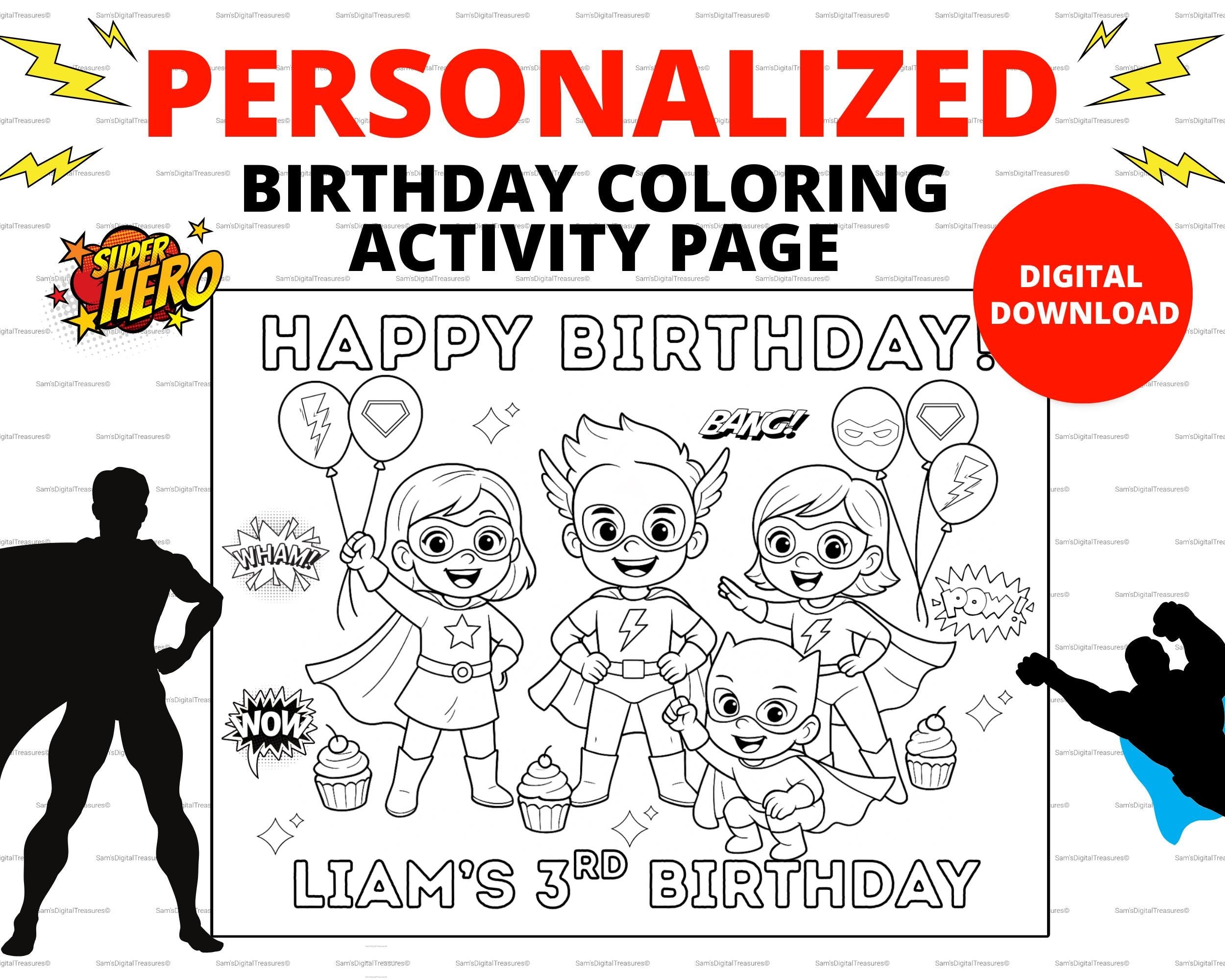 Custom Superhero Birthday Coloring Pages Printable Coloring Pages for Kids Party Favors