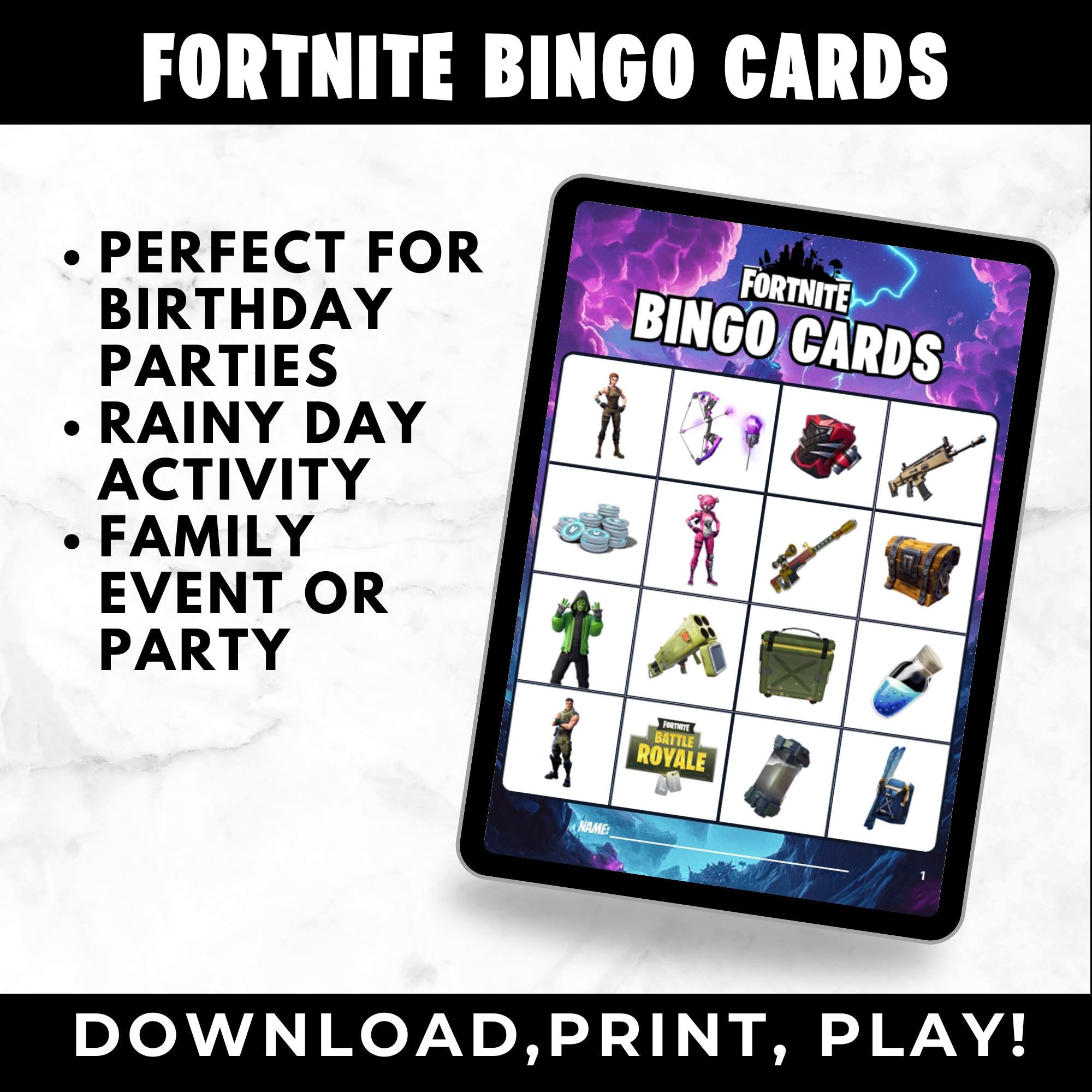 Fortnite Game Bingo Cards | Fortnite Game Birthday Party Games | Fortnite Party Favors | Printable Bingo Cards