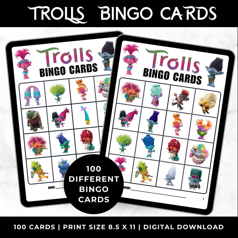 Trolls Movie Birthday Bingo Cards Printable Party Game Girls Kids