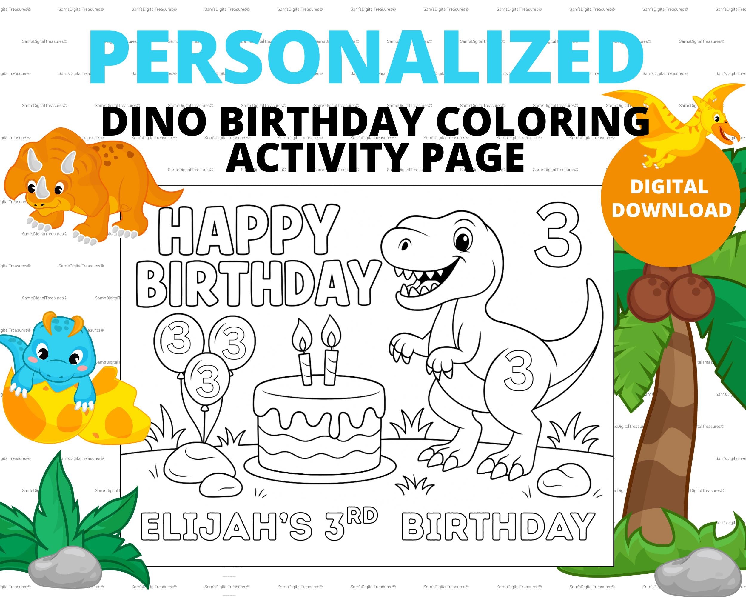 Happy Birthday T-Rex Coloring Page | Dinosaur Birthday Printable | Kids Party Activity with Balloons, Rocks & Grass | Custom Dino Sheet