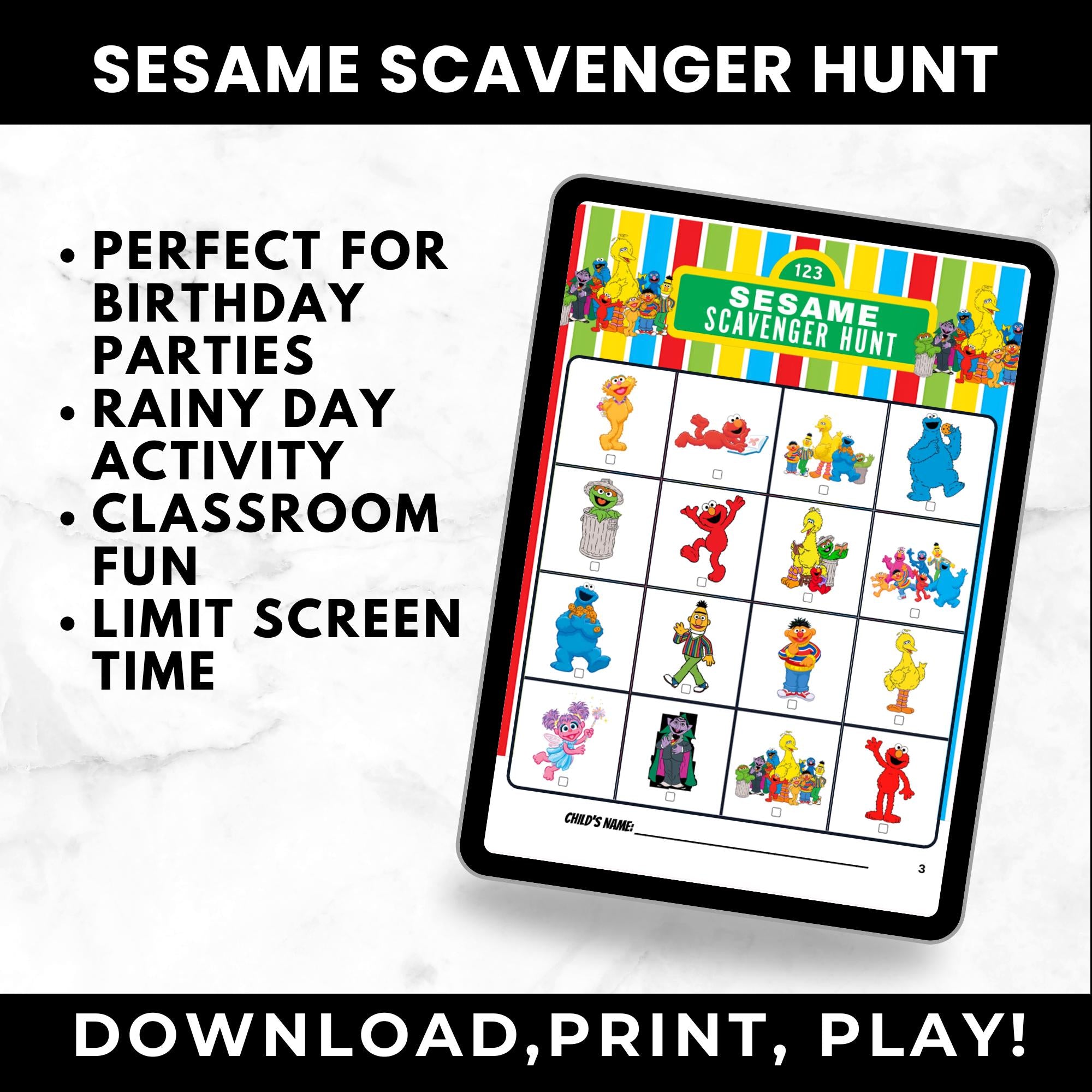 Sesame Scavenger Hunt Cards | Sesame Birthday Party Game | Sesame Party Favors | Printable Birthday Game  for Kids