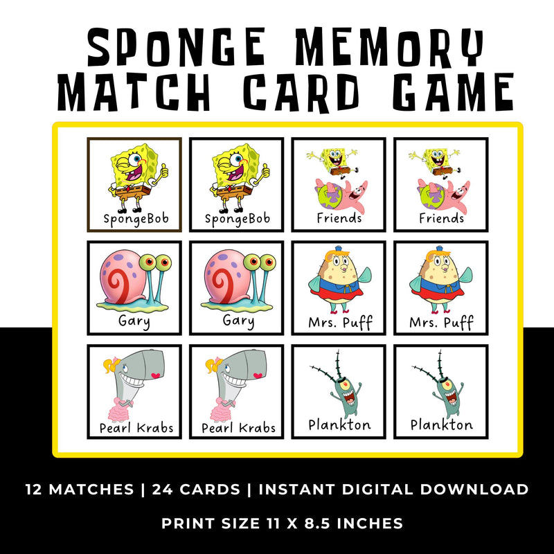 SpongeBob Memory Match Game for Kids Printable Birthday Party Activity