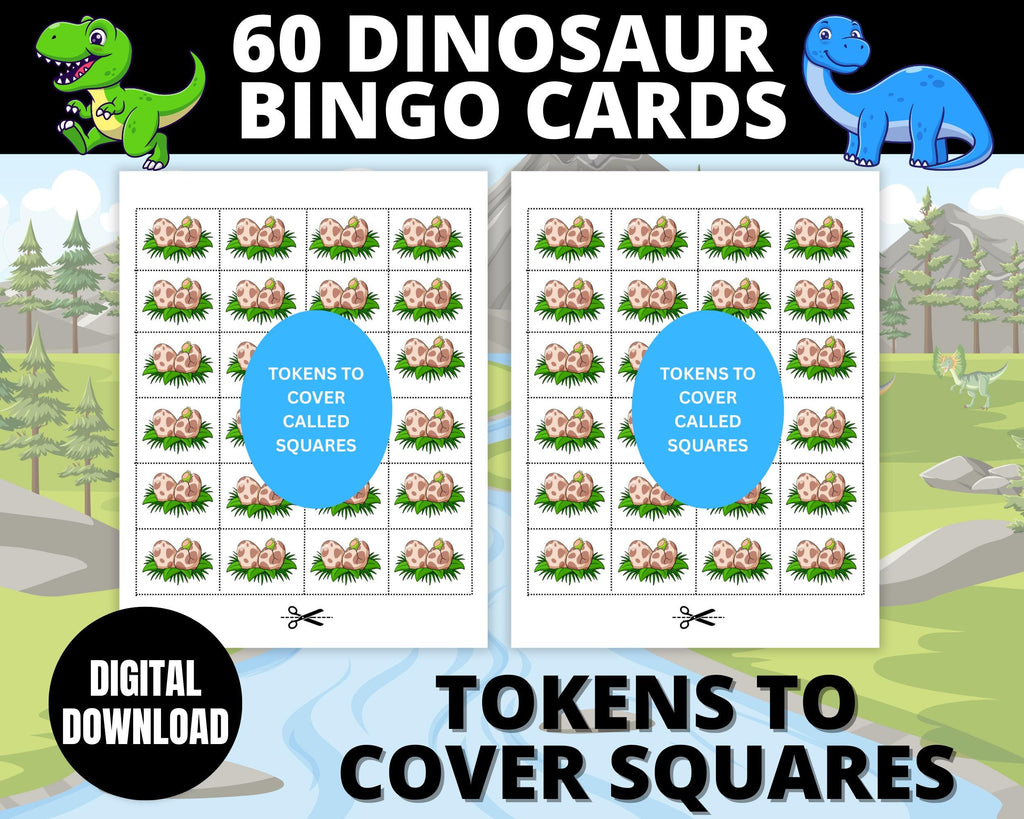 Dinosaur Bingo Game | Dinosaur Birthday Bingo Cards | Kids T-Rex Party Activity | 60 Dino Bingo Cards