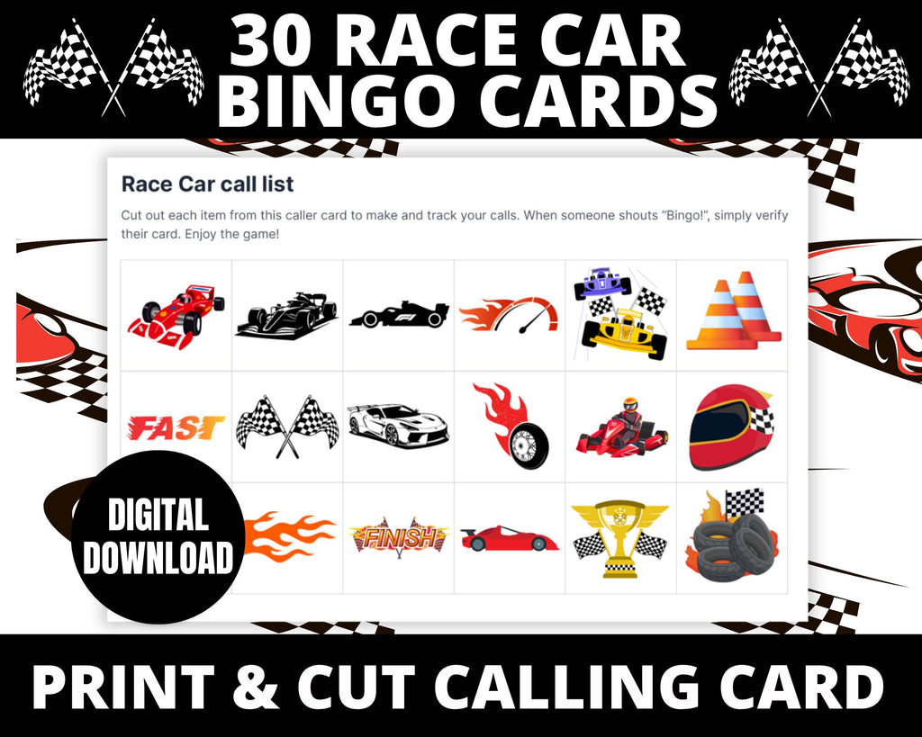 Race Car Birthday Bingo Cards | Birthday Activity Sheet | Race Car Party Games