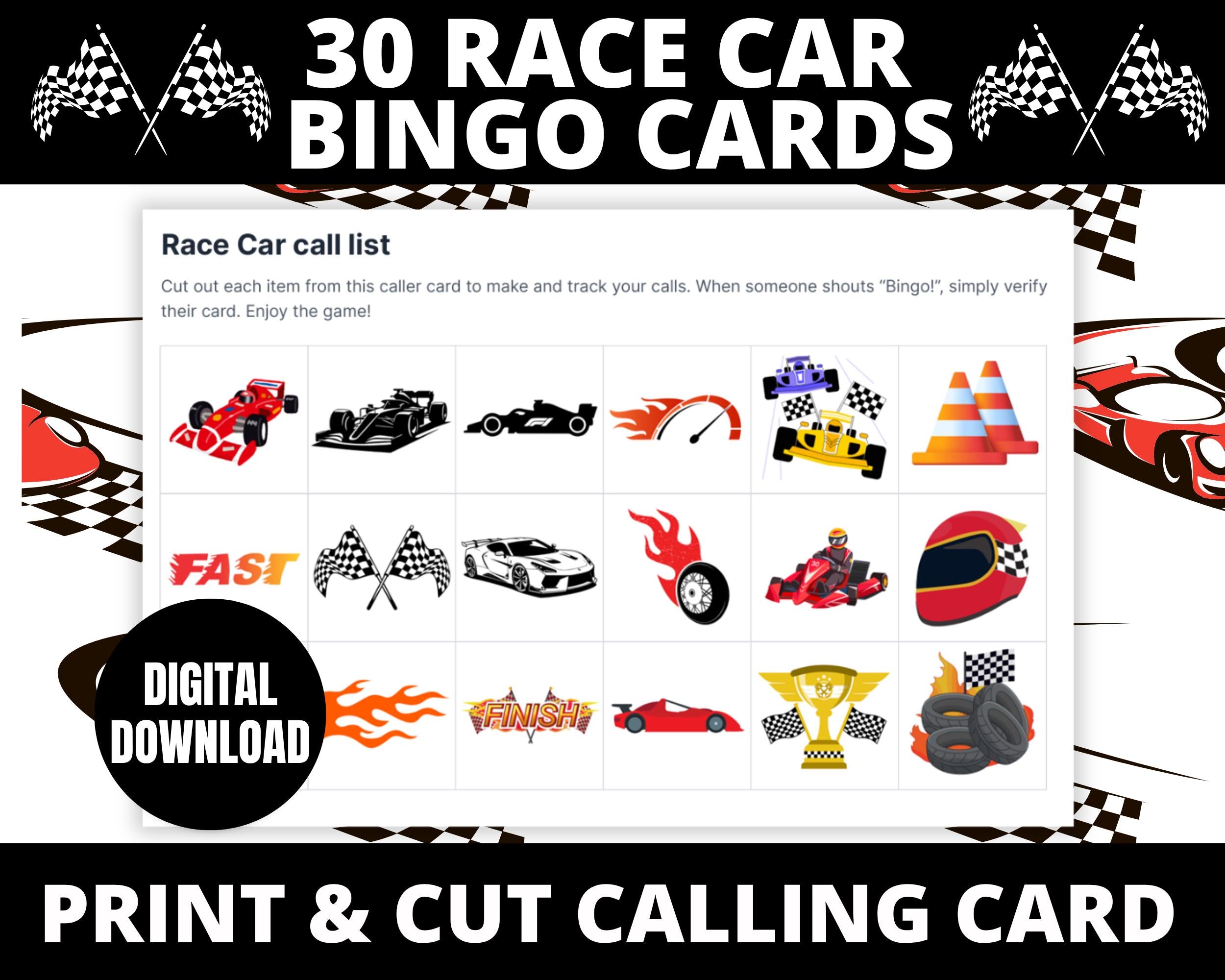 Race Car Birthday Bingo Cards | Birthday Activity Sheet | Race Car Party Games