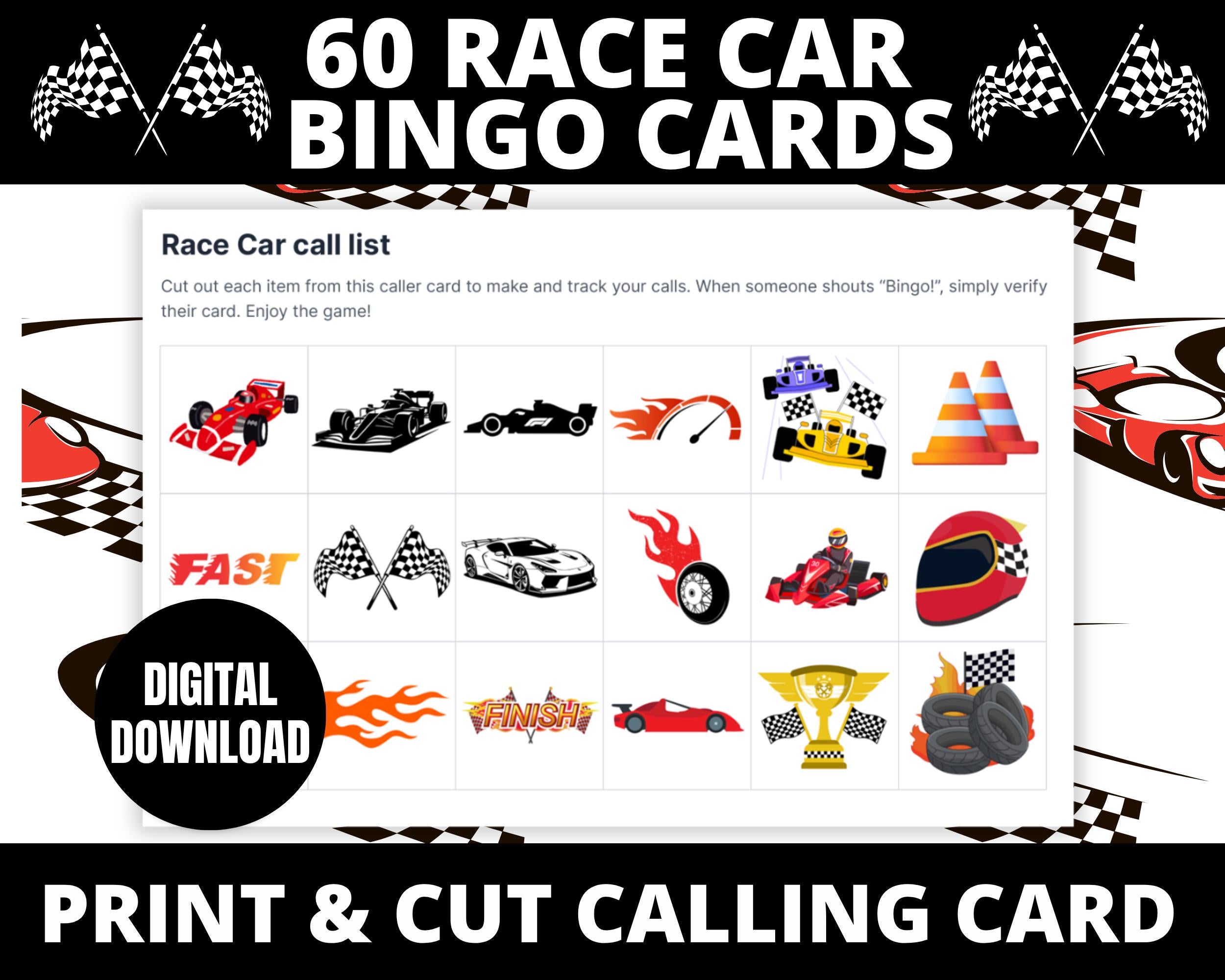 Race Car Birthday Bingo Cards | Boys Birthday Activity Sheet | Race Car Party Games