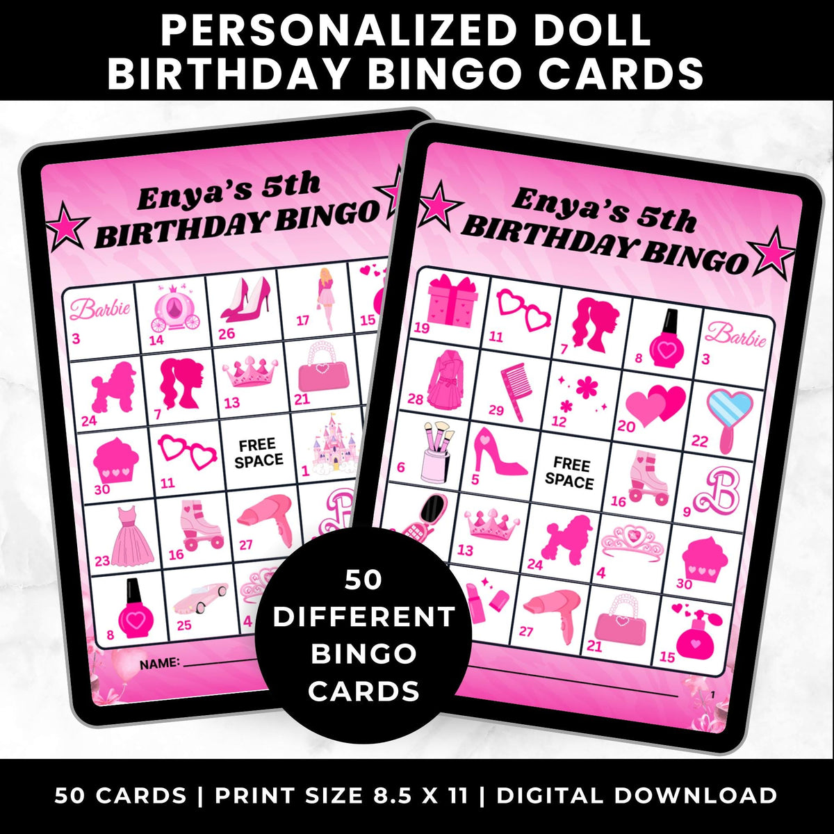 Custom fashion doll birthday bingo cards printable Barbie party game for girls