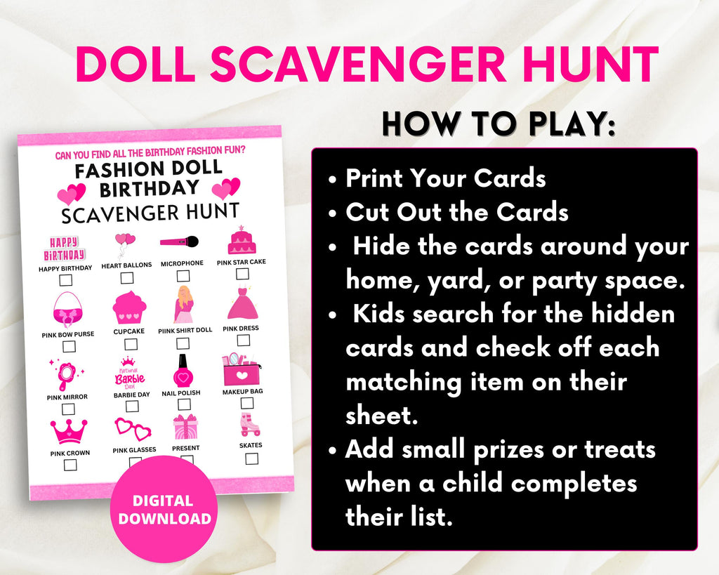 Fashion Doll Scavenger Hunt  | Doll Birthday Activity |  Printable Kids Party Game