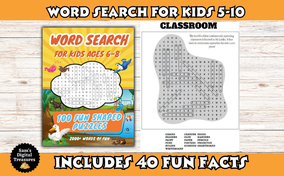 Children's word search book with a cover and sample page on a wooden surface.