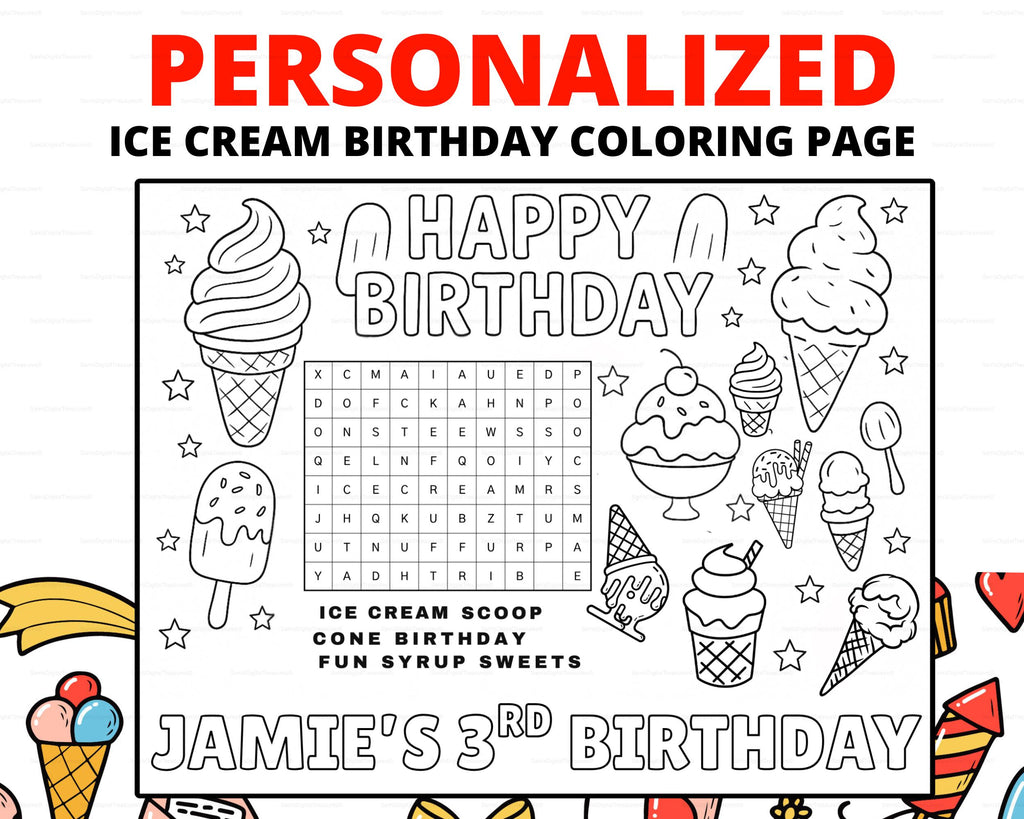 Custom Ice Cream Birthday Coloring Page for Kids | Ice Cream Party Activity | Sweet Treats Birthday Coloring Placemat