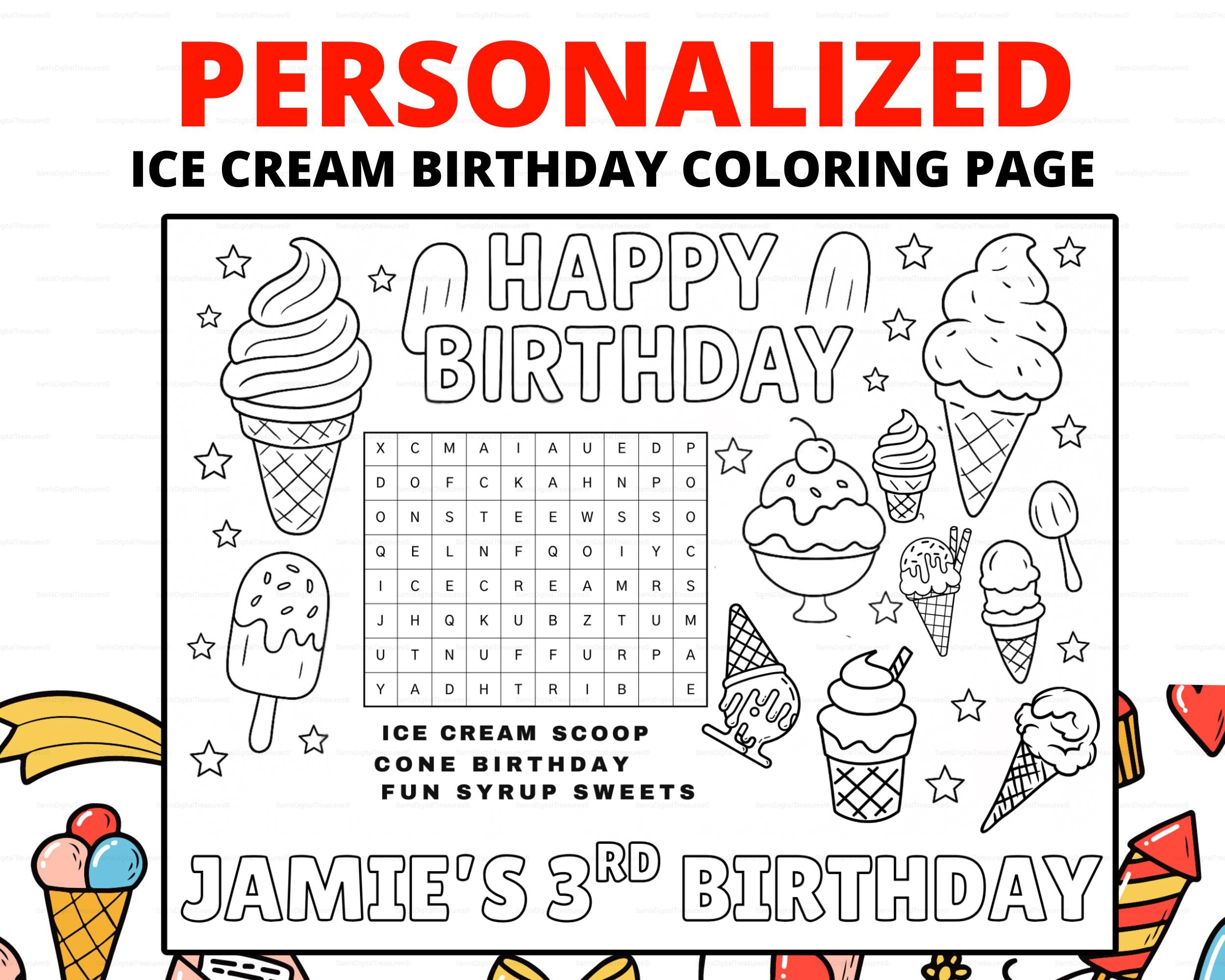 Custom Ice Cream Birthday Coloring Page for Kids | Ice Cream Party Activity | Sweet Treats Birthday Coloring Placemat