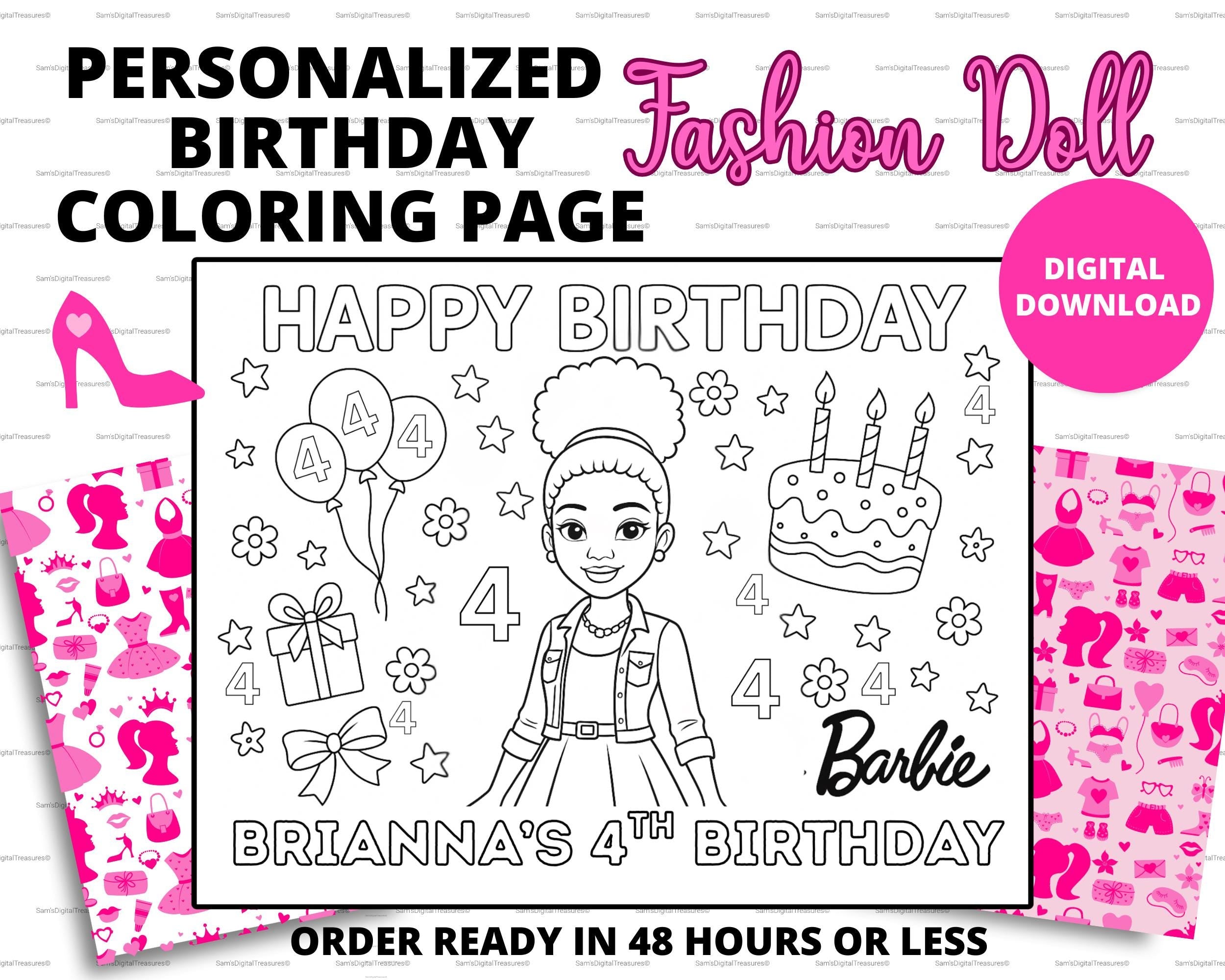 Custom Fashion Doll Birthday Coloring Page | Personalized Doll Birthday Activity|  Printable Princess Party Favor | Doll Coloring Sheet