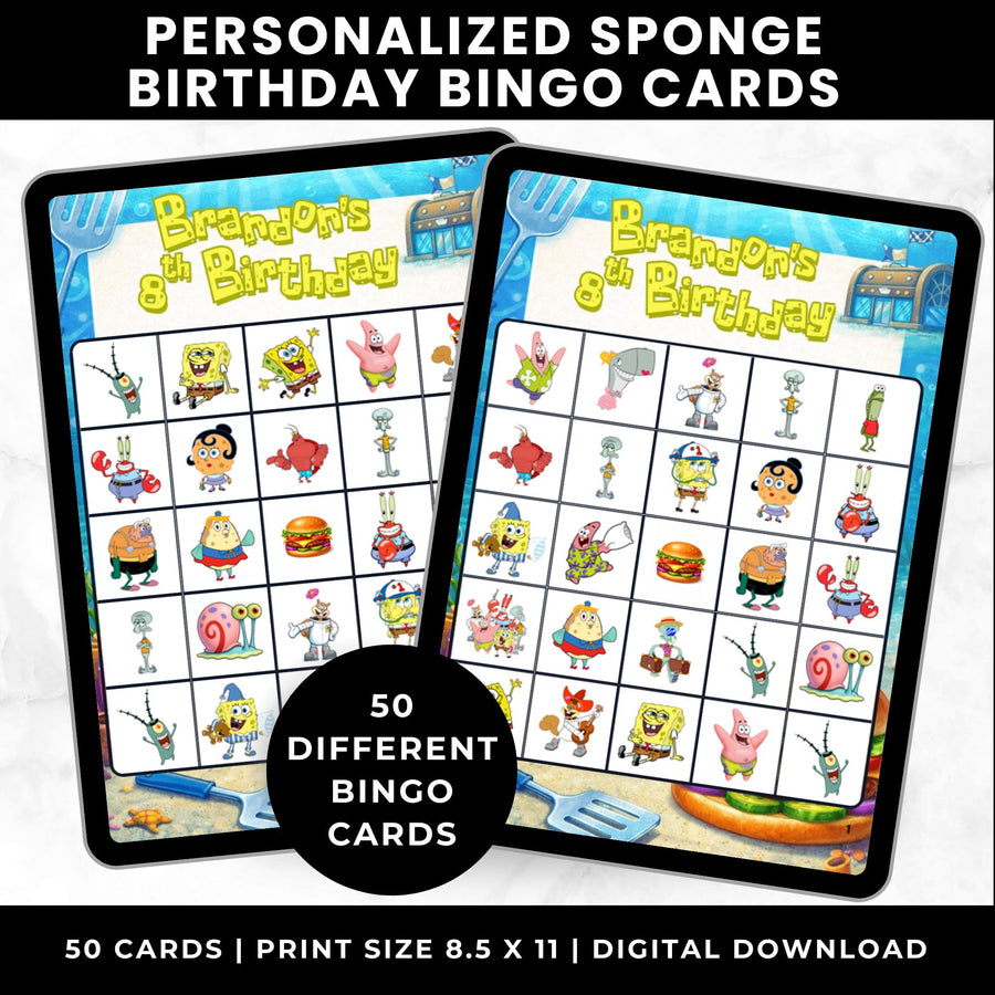 Personalized SpongeBob Under the Sea Birthday Bingo Game Custom Bingo Cards with Child's Name