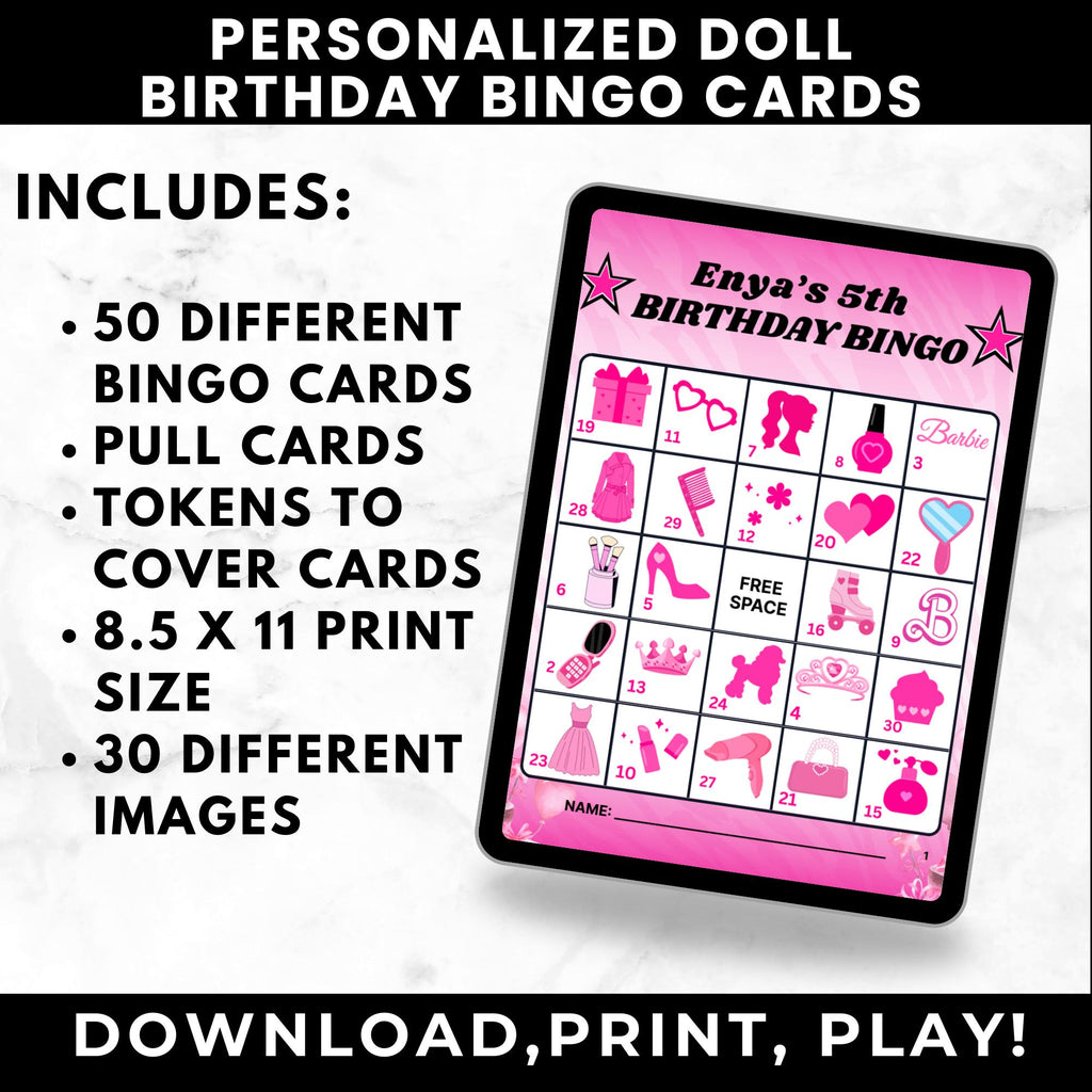 Custom Fashion Doll Birthday Bingo Cards for Girls Party | Printable Bingo Cards for Kids Birthday Activity |