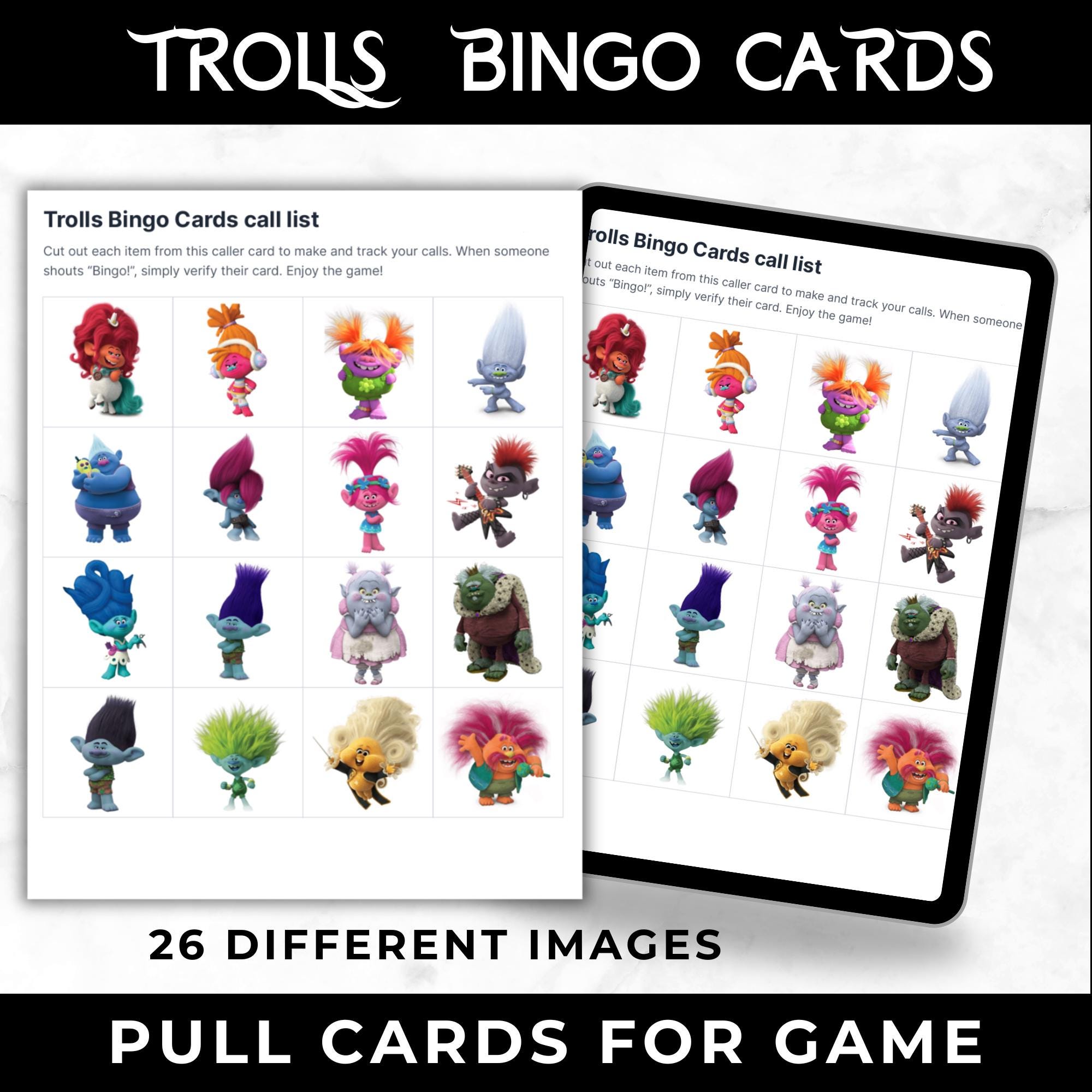 Trolls Bingo Cards | Trolls Birthday Party Game | Trolls Party Favors | 100 Printable Bingo Cards for Kids | Family Game Night Activity