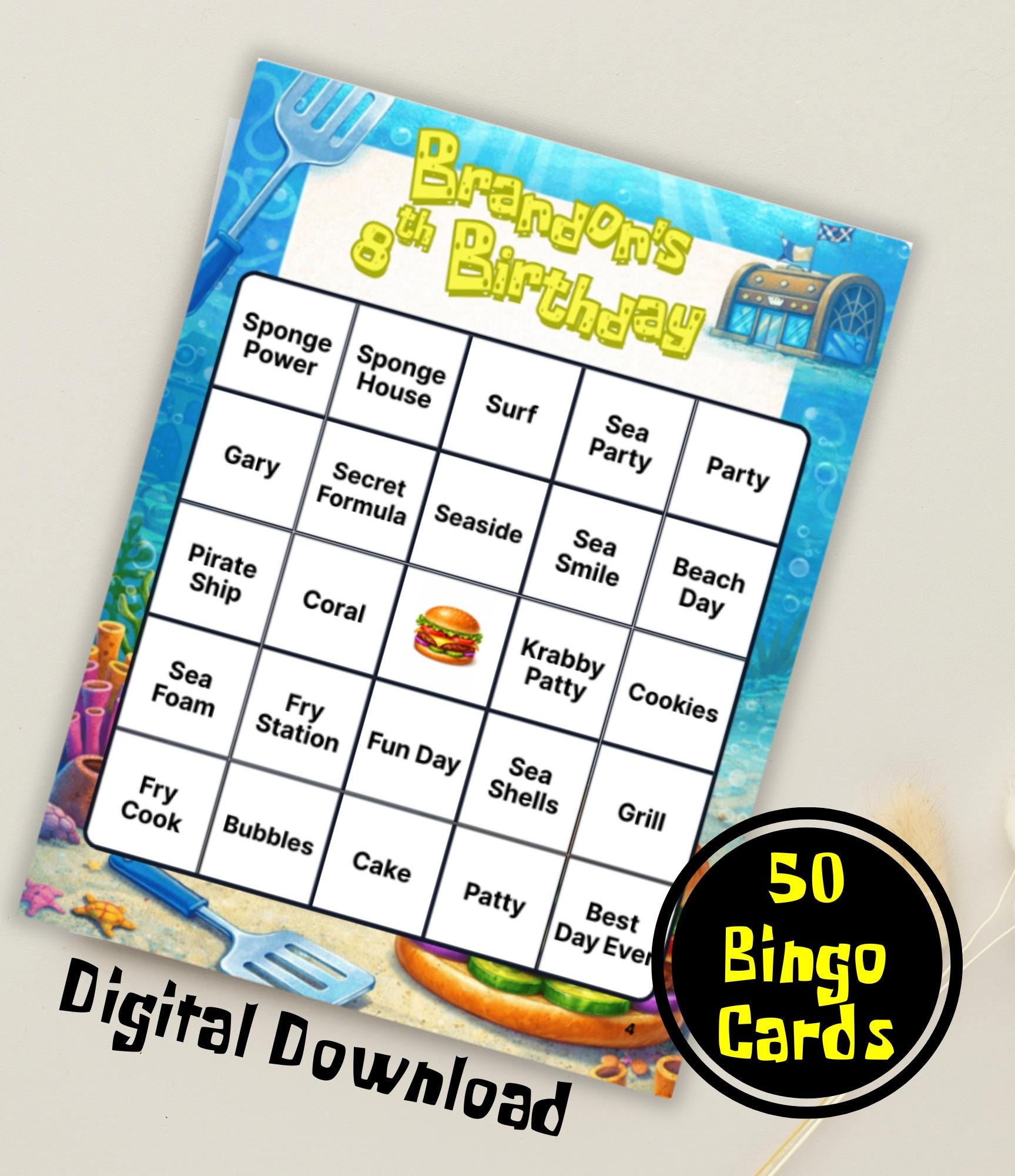 Personalized Sponge Under the Sea Birthday Bingo Game | Sponge Birthday Party |Ocean Party Game | Custom Birthday Bingo Cards