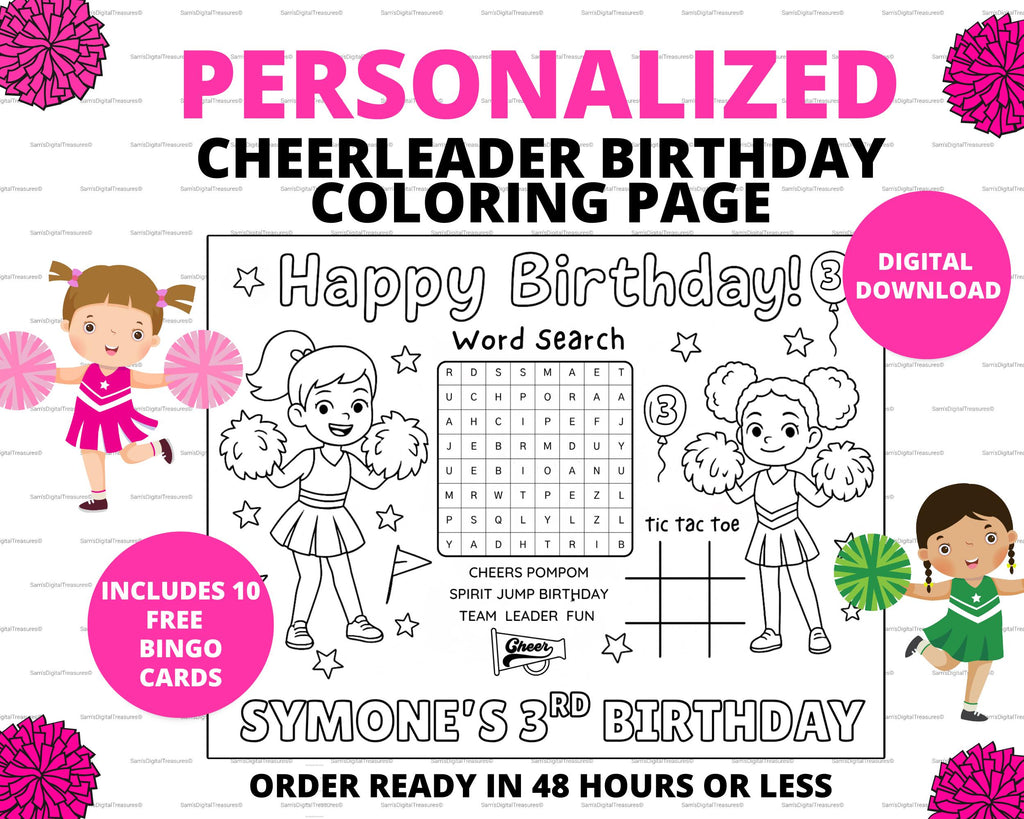 Custom Cheerleader Birthday Coloring Activity Page for Kids | Cheerleader Party Favor |
