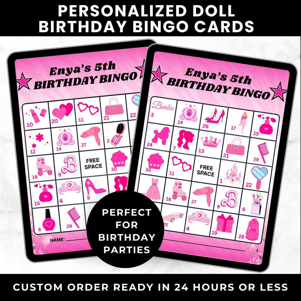 Custom Fashion Doll Birthday Bingo Cards for Girls Party | Printable Bingo Cards for Kids Birthday Activity |