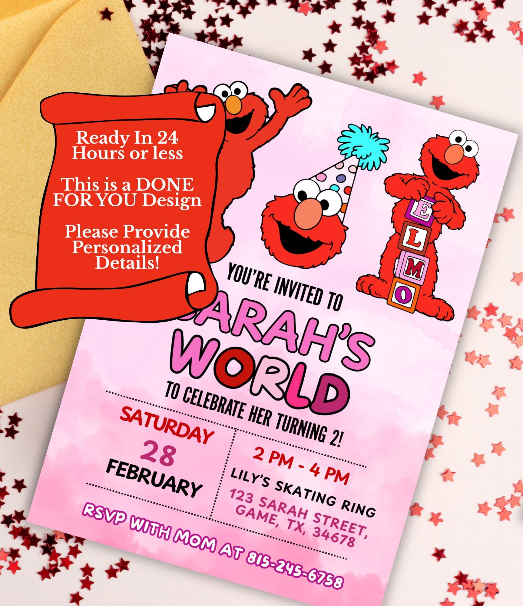 Custom Girly Elmo Birthday Invitation | Elmo Girl Birthday Party Invite