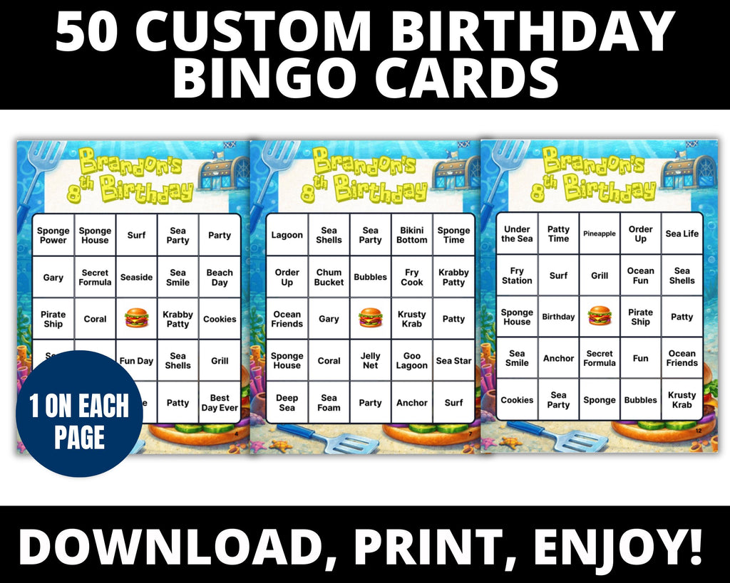 Personalized Sponge Under the Sea Birthday Bingo Game | Sponge Birthday Party |Ocean Party Game | Custom Birthday Bingo Cards