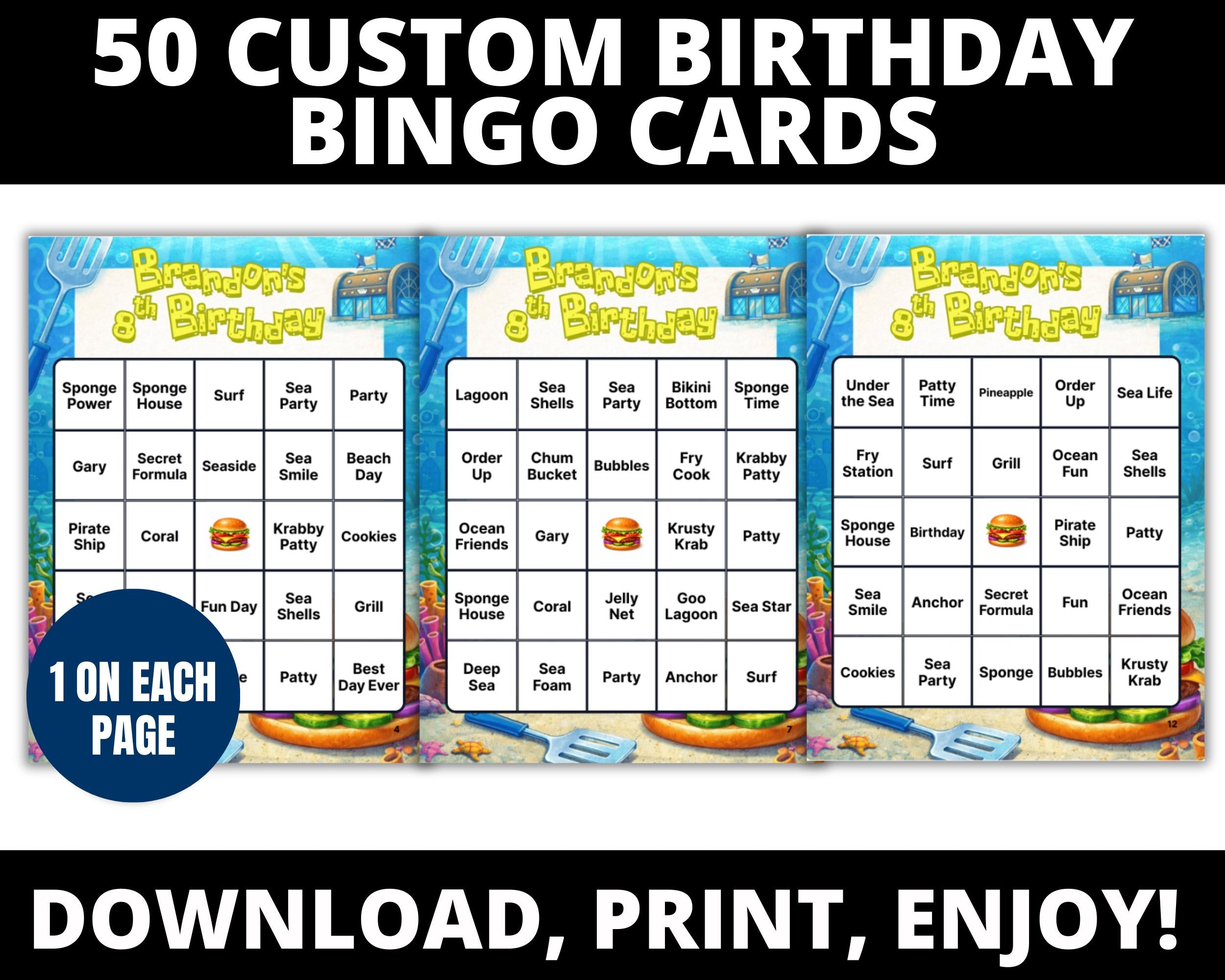 Personalized Sponge Under the Sea Birthday Bingo Game | Sponge Birthday Party |Ocean Party Game | Custom Birthday Bingo Cards