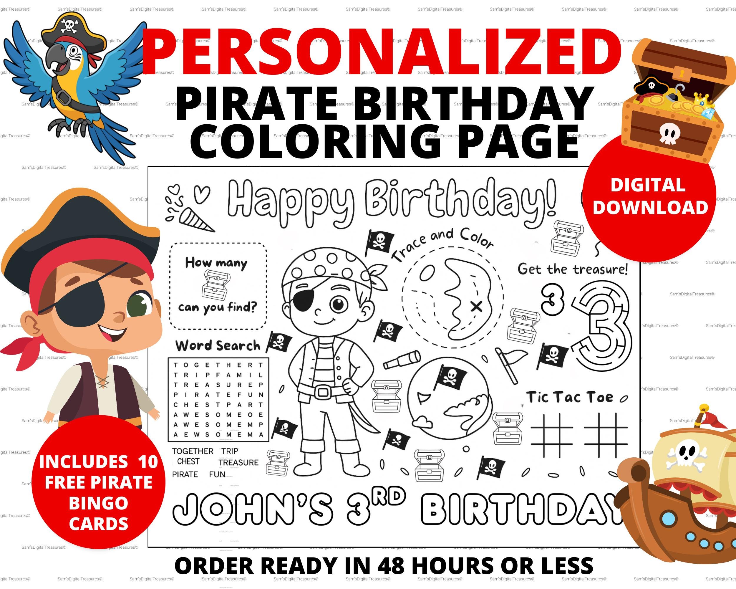 Custom Pirate Birthday Coloring Activity Sheet, Pirate Birthday Party Favor,