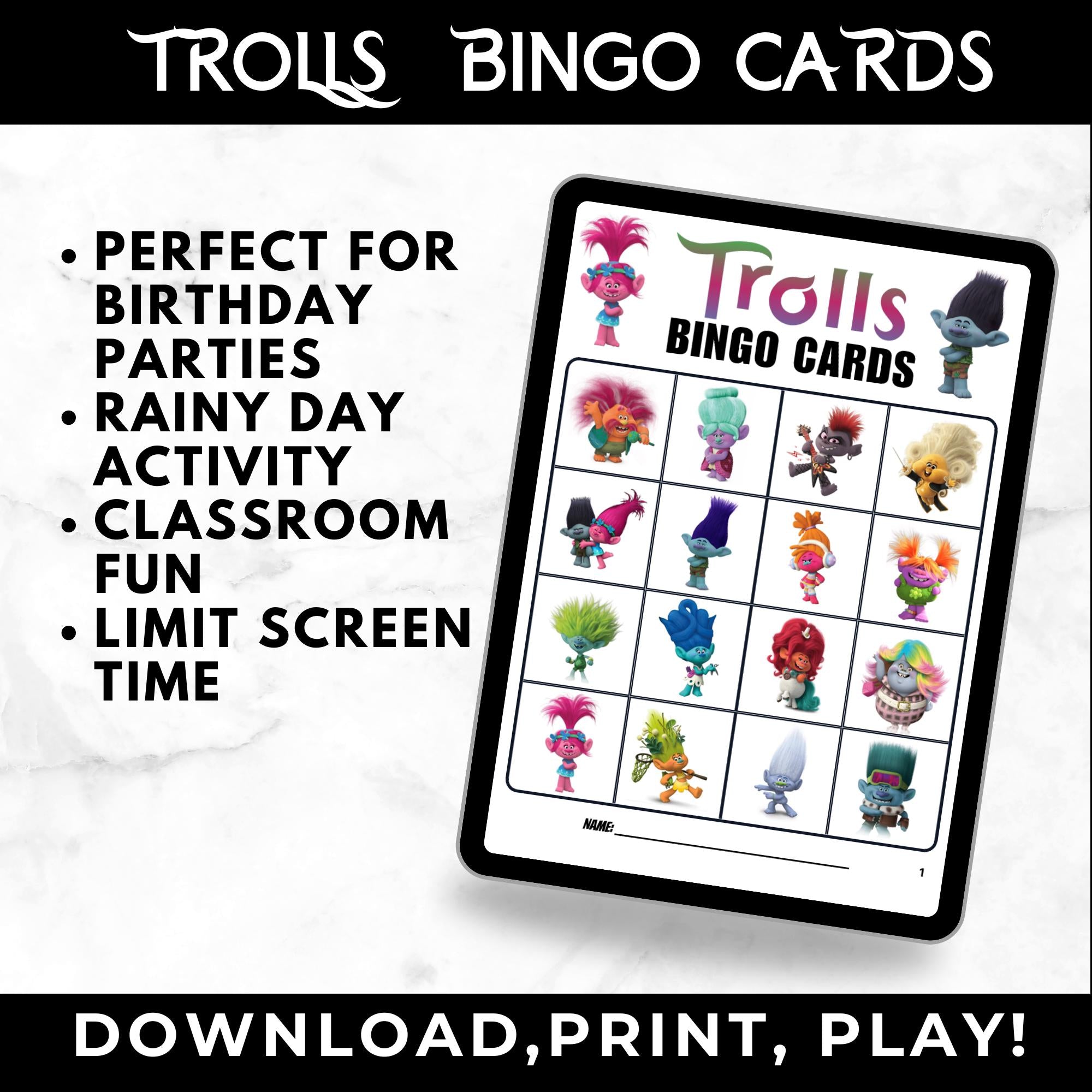 Trolls Bingo Cards | Trolls Birthday Party Game | Trolls Party Favors | 100 Printable Bingo Cards for Kids | Family Game Night Activity