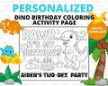 Happy Birthday T-Rex Coloring Page | Dinosaur Birthday Printable | Kids Party Activity with Balloons, Rocks & Grass | Custom Dino Sheet