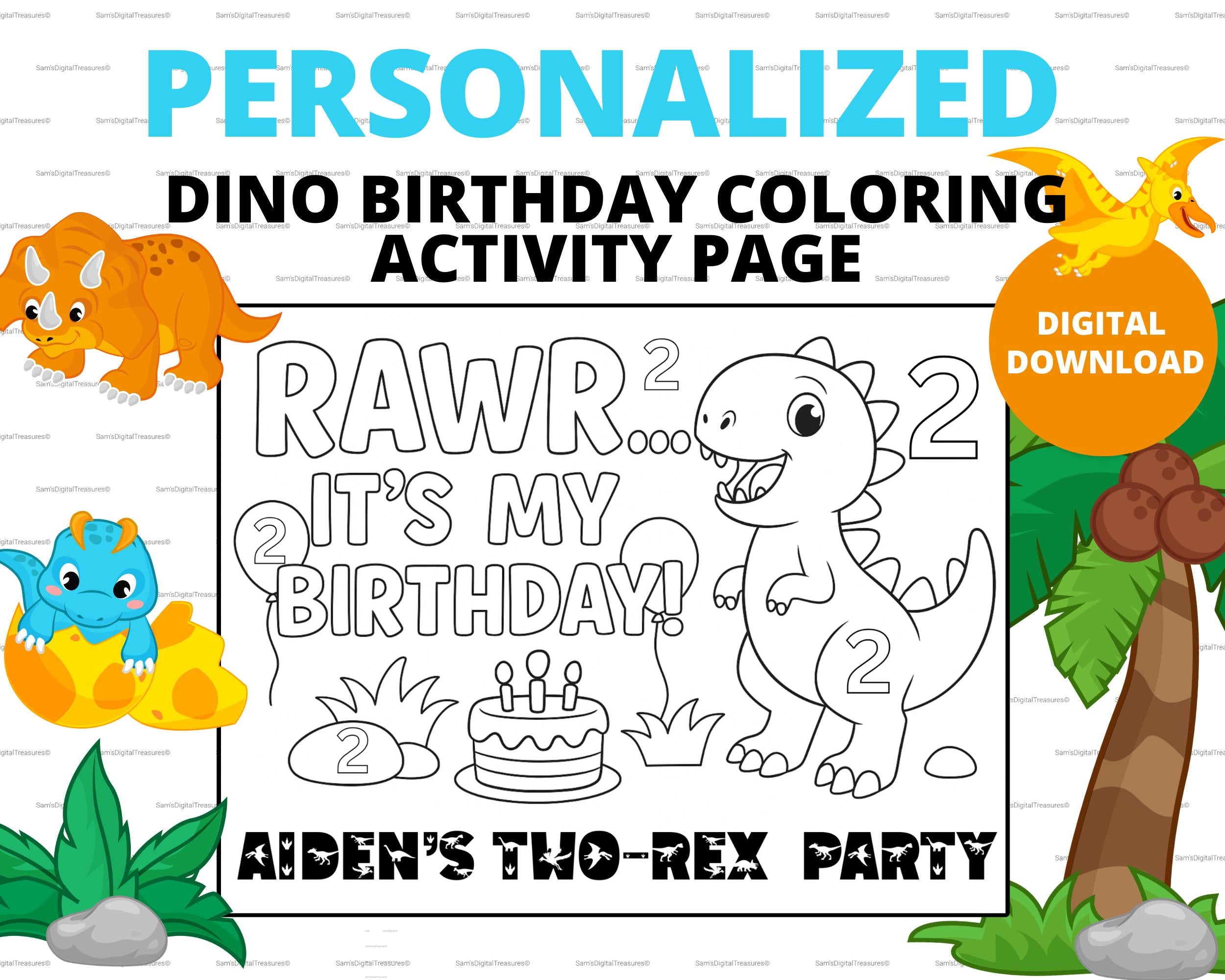 Happy Birthday T-Rex Coloring Page | Dinosaur Birthday Printable | Kids Party Activity with Balloons, Rocks & Grass | Custom Dino Sheet