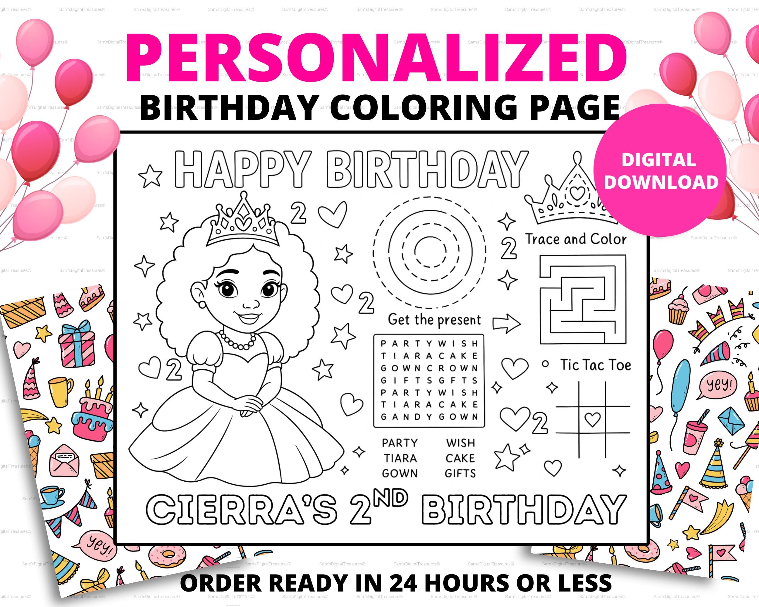 Custom Princess Birthday Coloring Page | Personalized Doll Birthday Activity|  Printable Party Activity for Girls