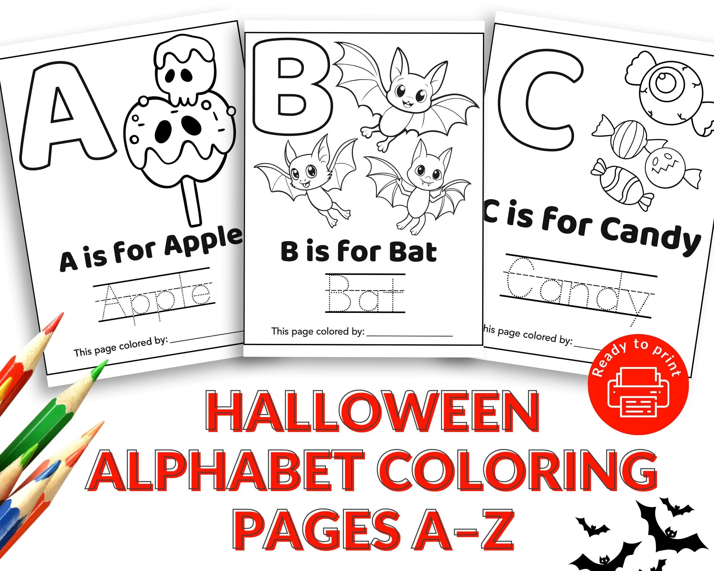 Halloween Alphabet Coloring Pages A–Z Printable | Preschool & Kindergarten Letter Tracing Worksheets | Halloween ABC Activity Book PDF