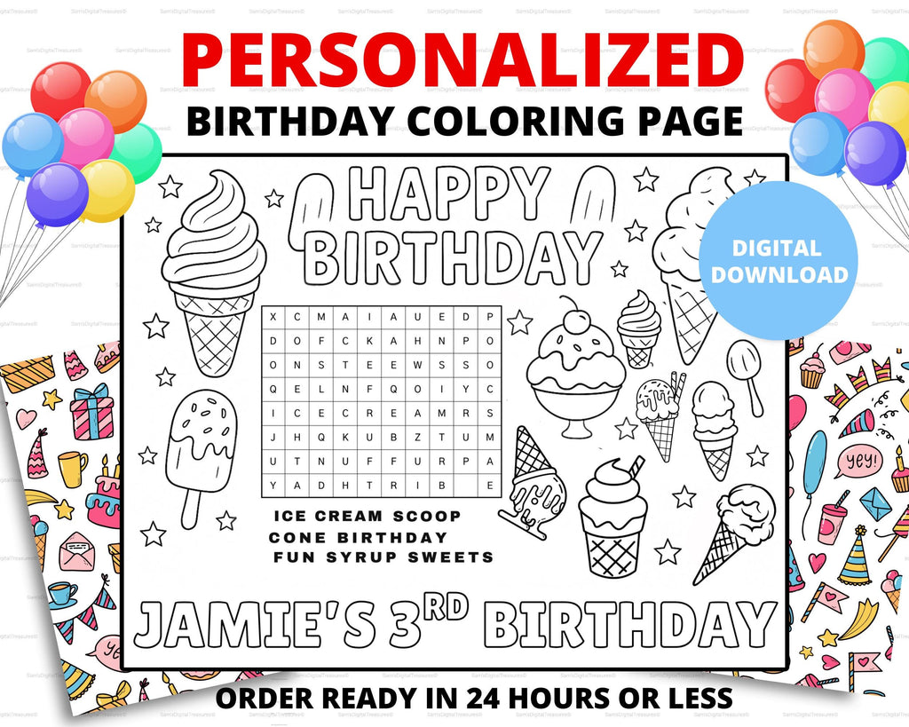 Custom Ice Cream Birthday Coloring Page for Kids | Ice Cream Party Activity | Sweet Treats Birthday Coloring Placemat