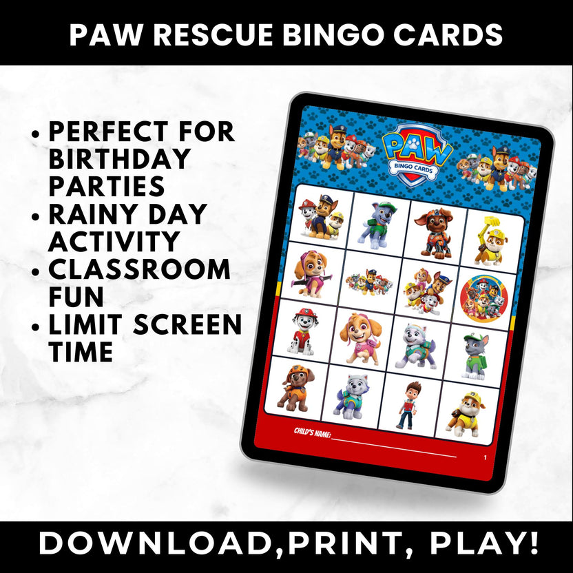 Paw Patrol Bingo Cards Girls Birthday Party